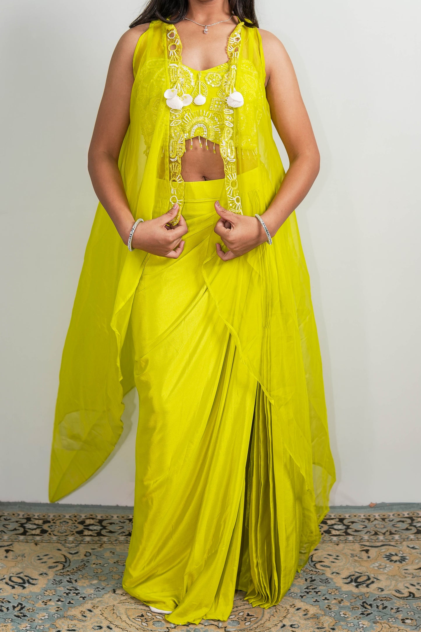 Lime Embroidered Saree Set