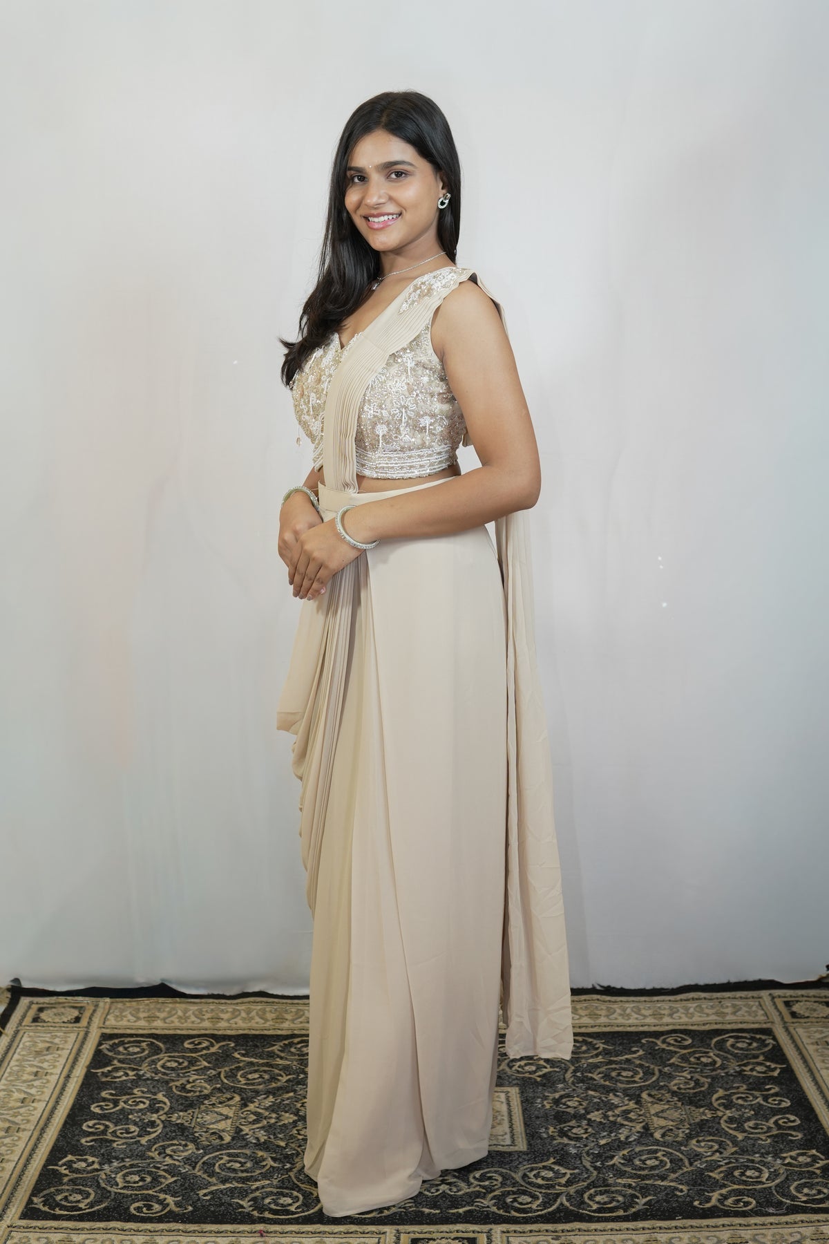 Ivory Pearl Drape Saree Set