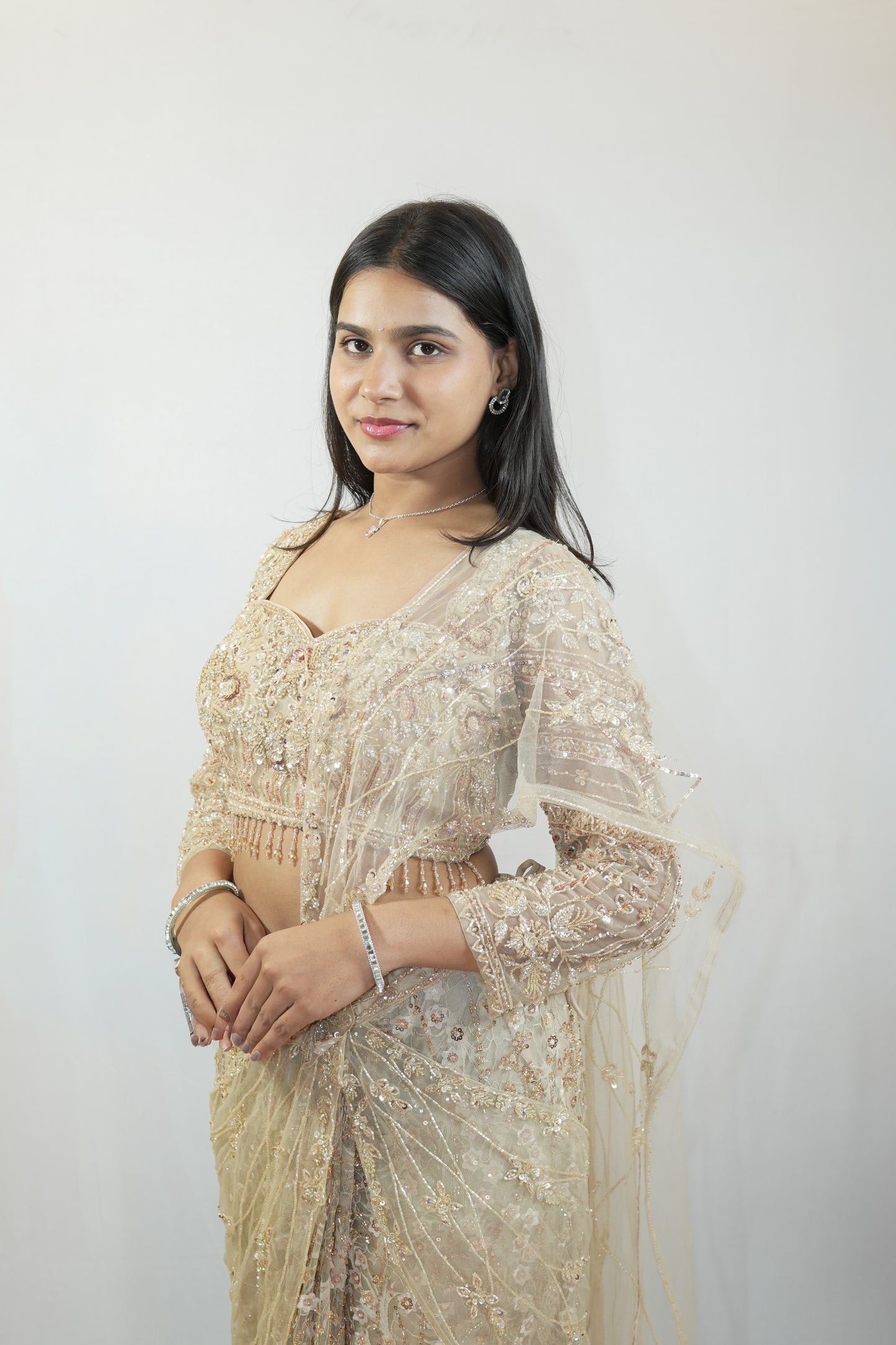 Champagne Floral Saree Set