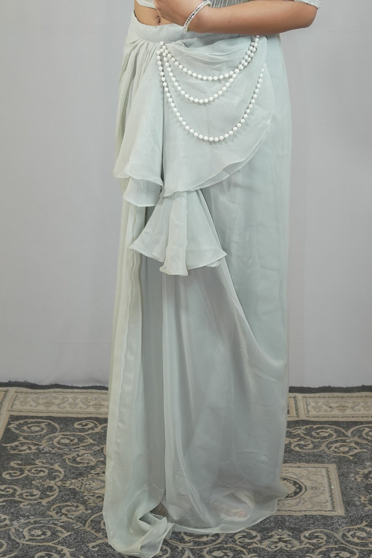 Ice Blue Pearl Pre-Draped Saree detail