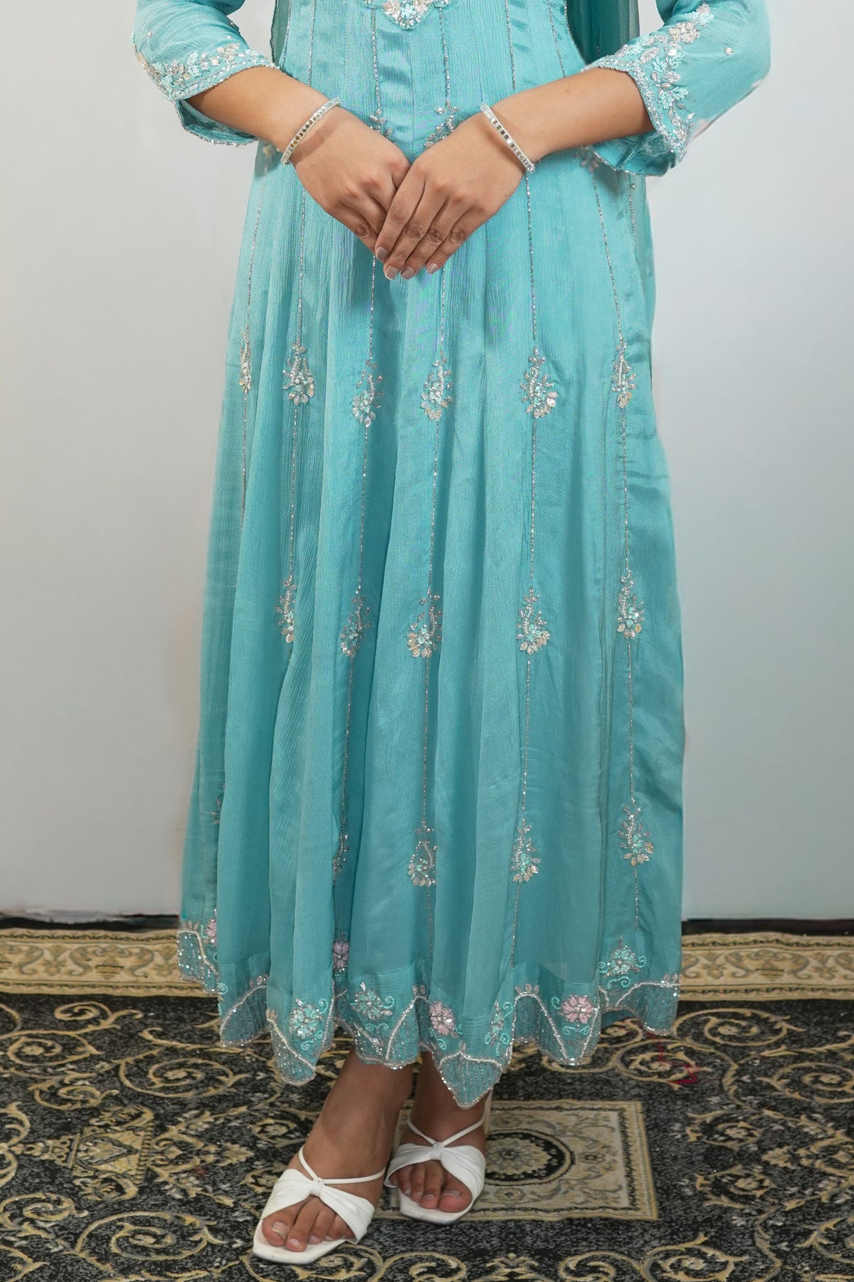 Aqua Bloom Embroidered Anarkali Set