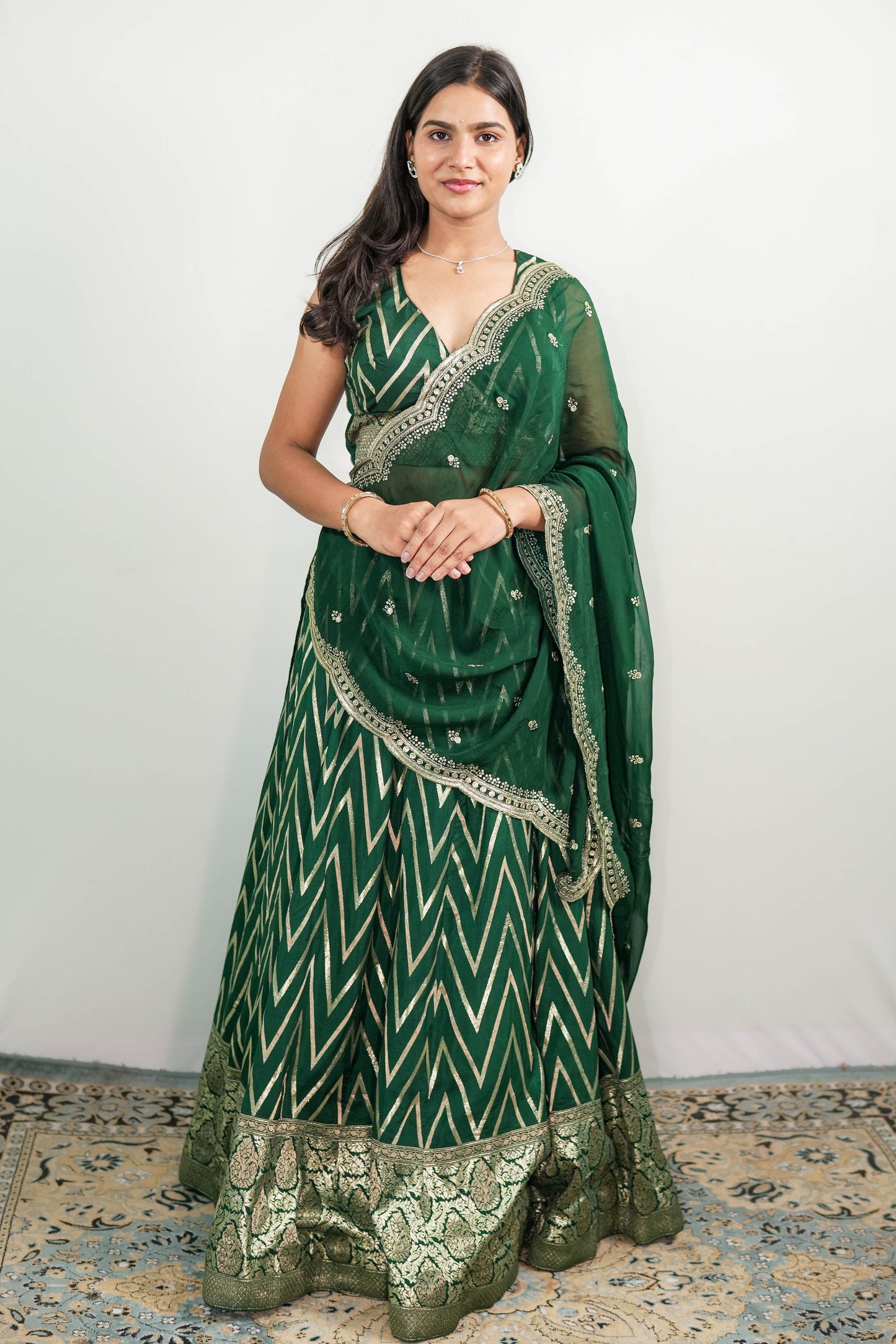 Chevron Lehenga Emerald Green Front