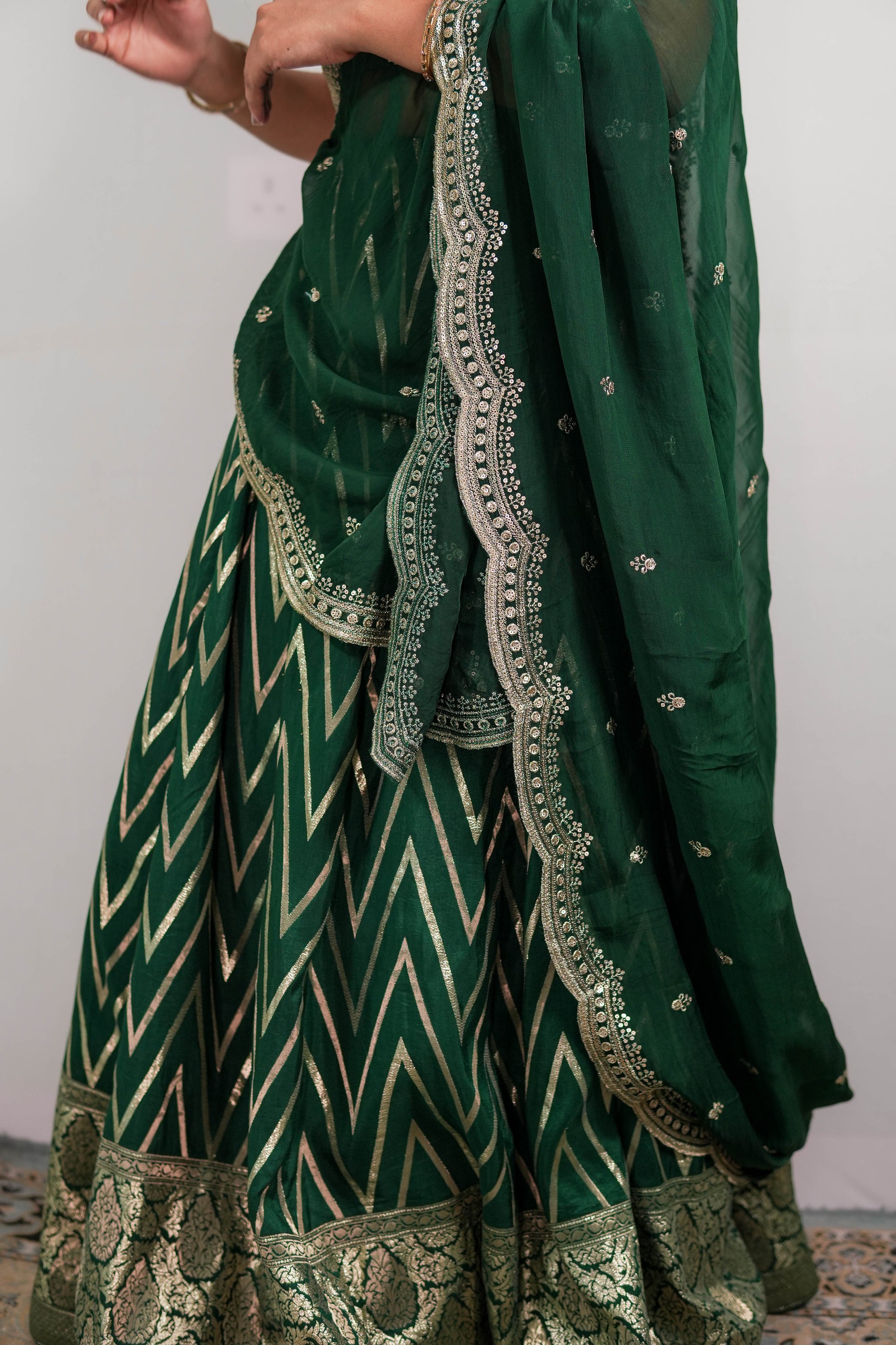Chevron Lehenga Emerald Green bottom