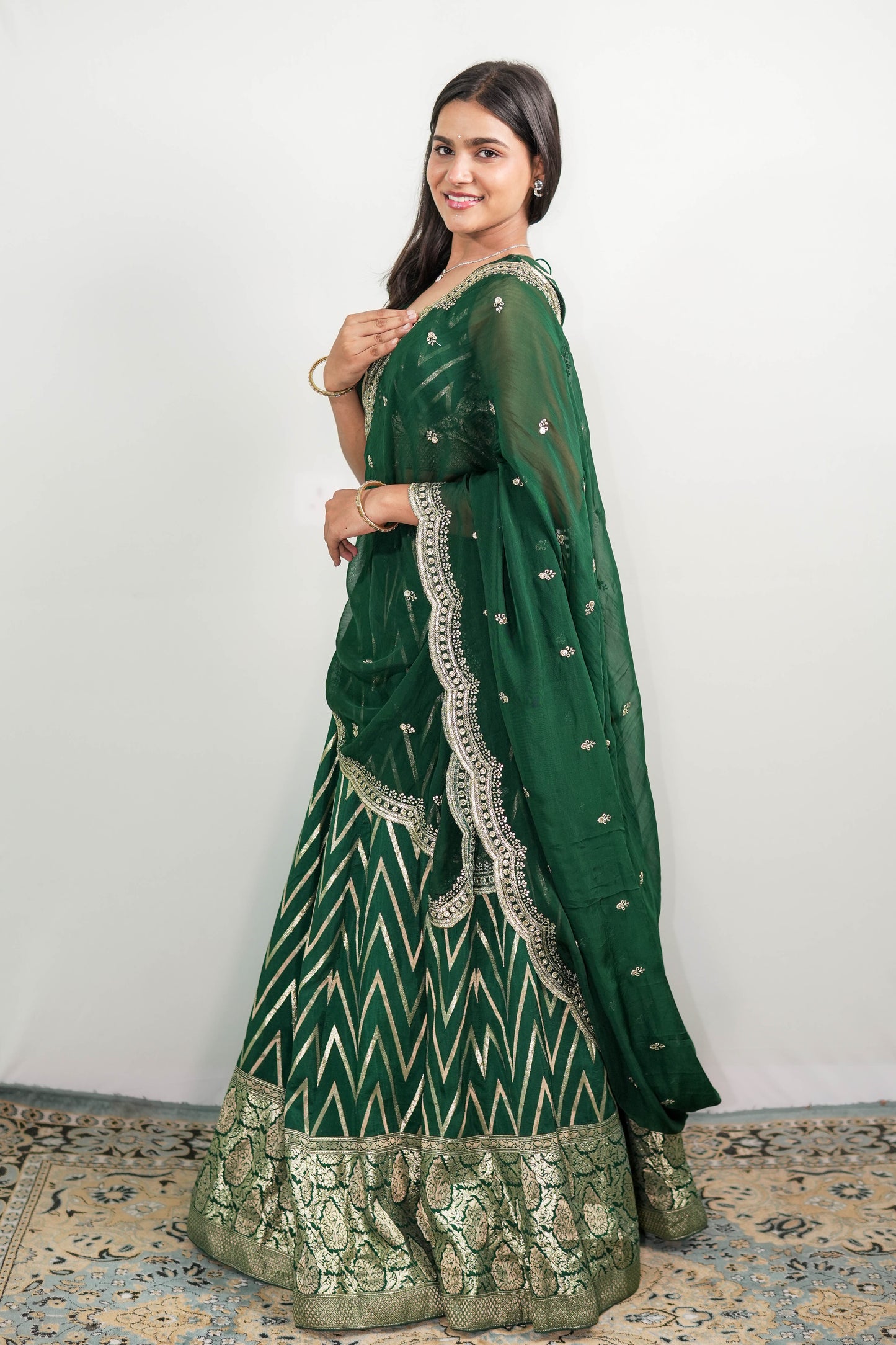 Chevron Lehenga Emerald Green side