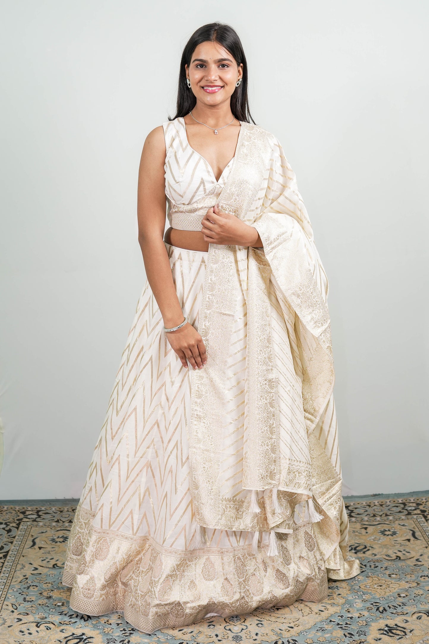Chevron Lehenga Ivory Front