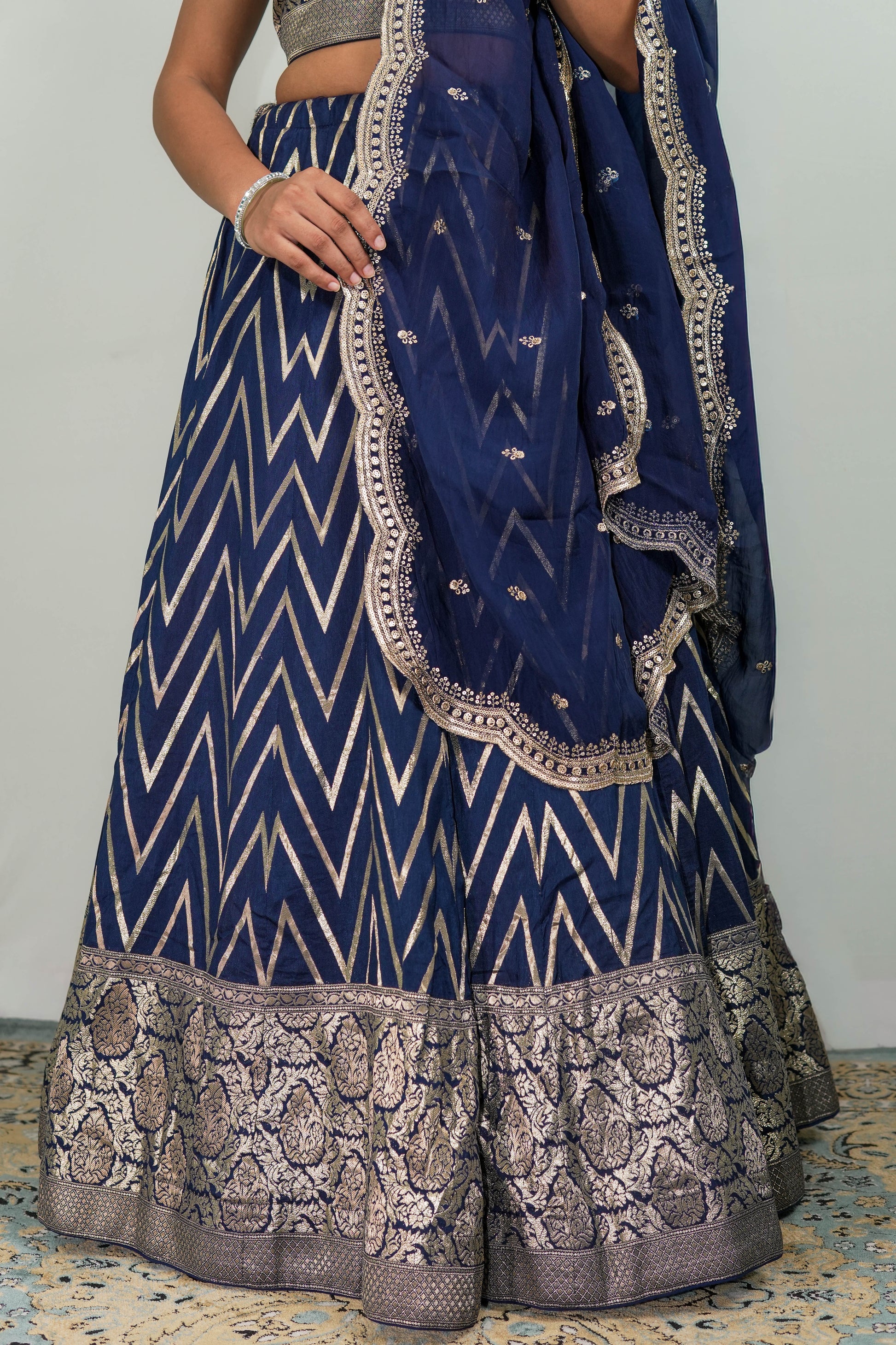 Chevron Lehenga Navy Blue Bottom