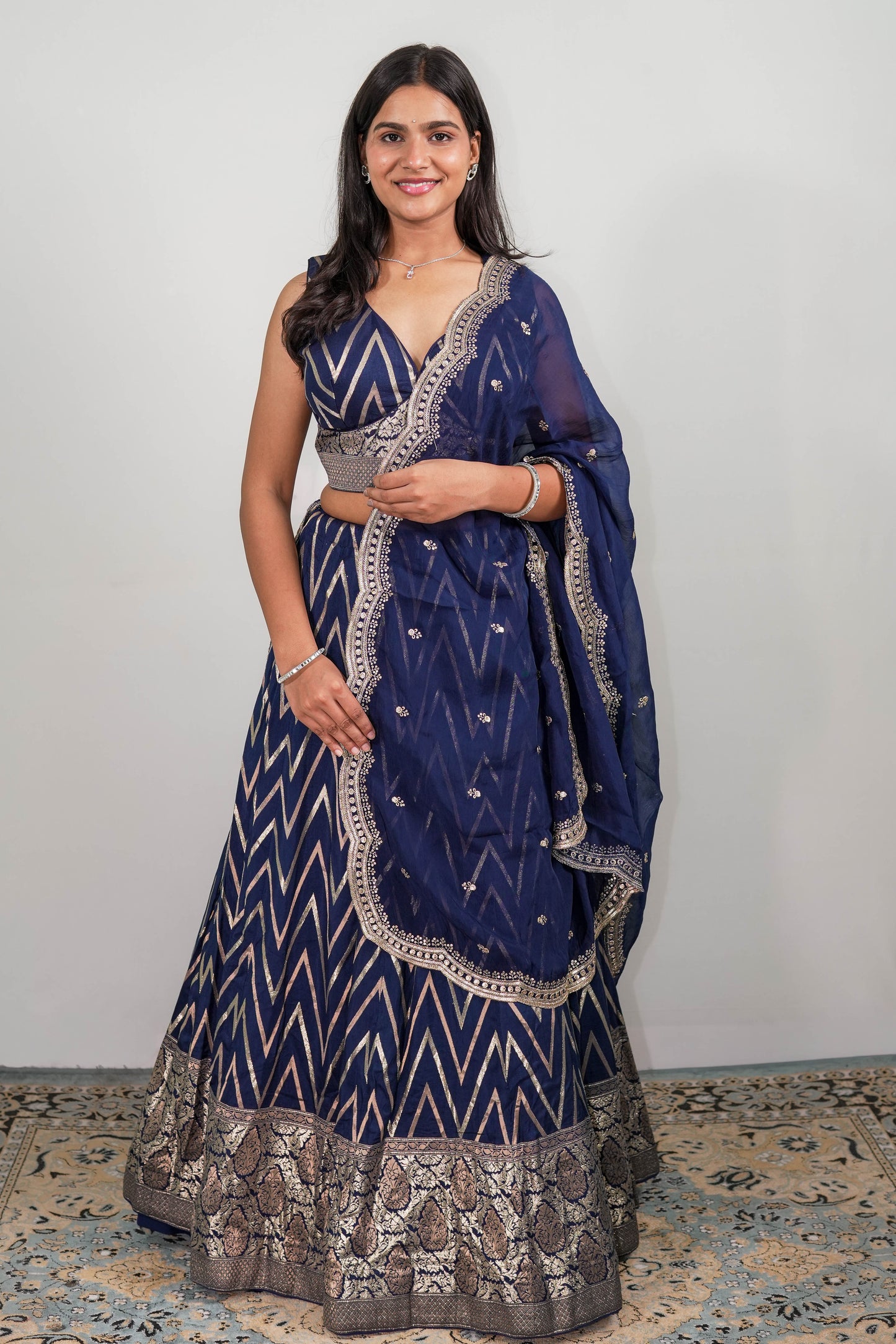 Chevron Lehenga Navy Blue Front