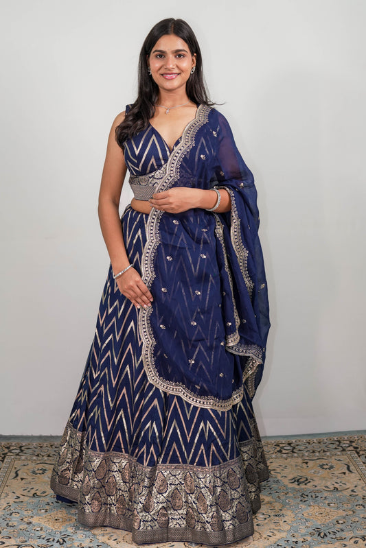 Chevron Lehenga Navy Blue Front