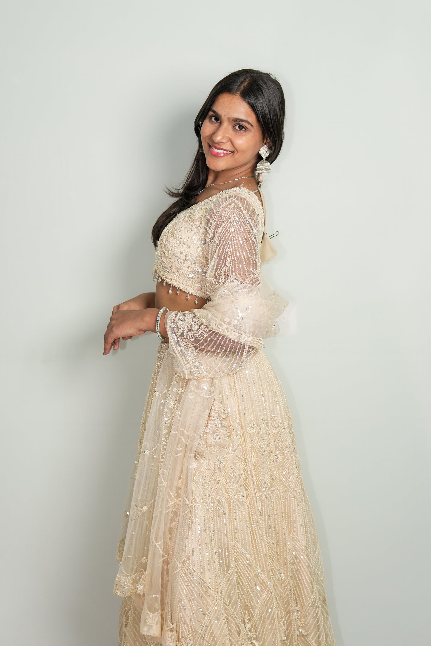 Ivory Geometric Sequin Lehenga Set