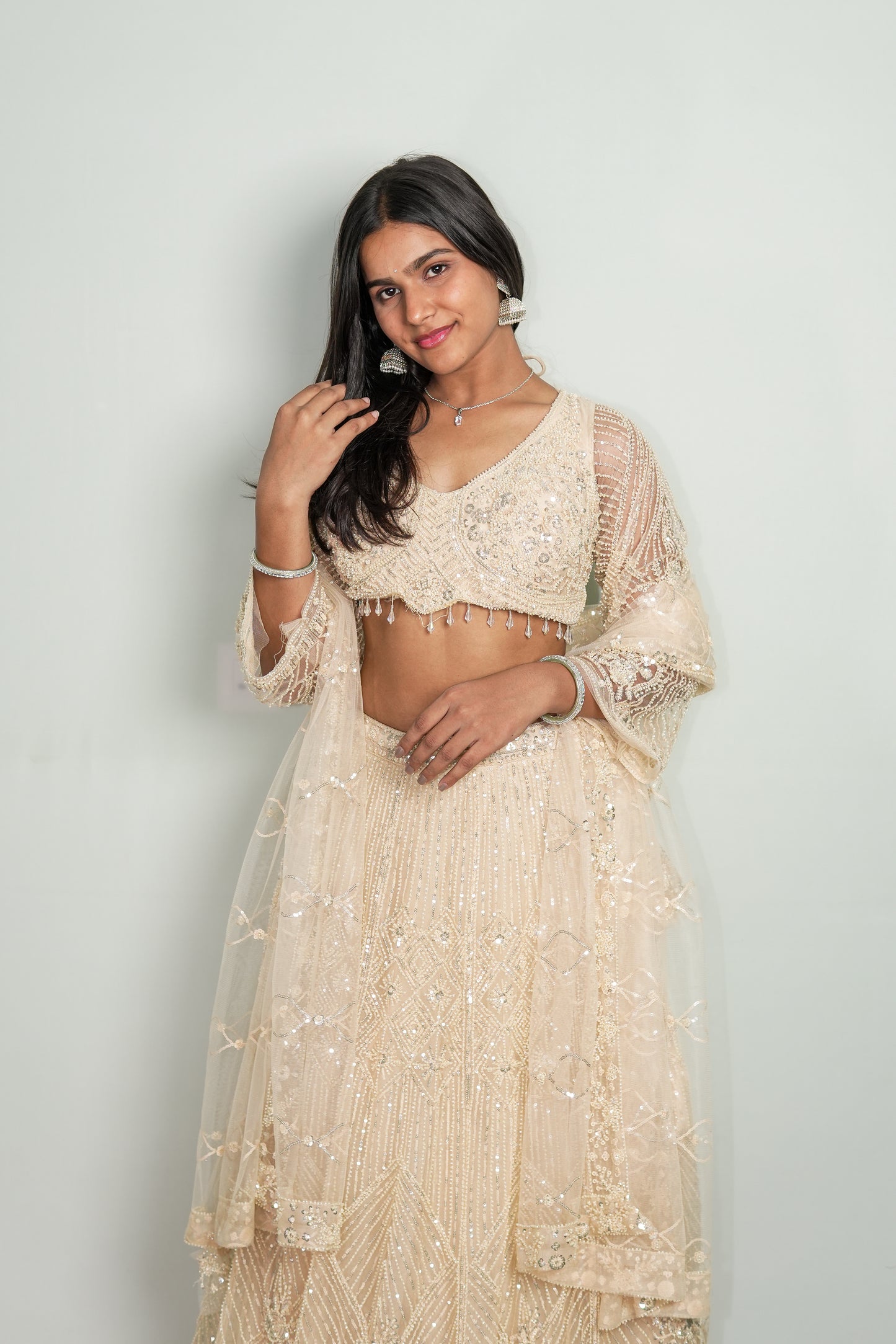 Ivory Geometric Sequin Lehenga Set