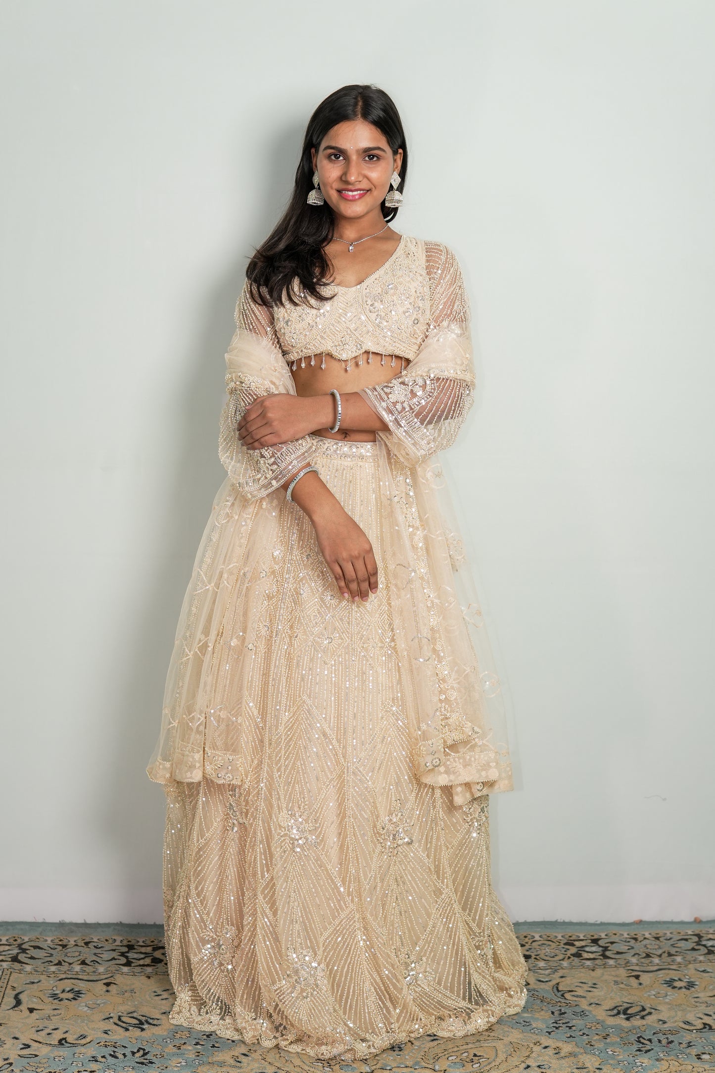 Ivory Geometric Sequin Lehenga Set