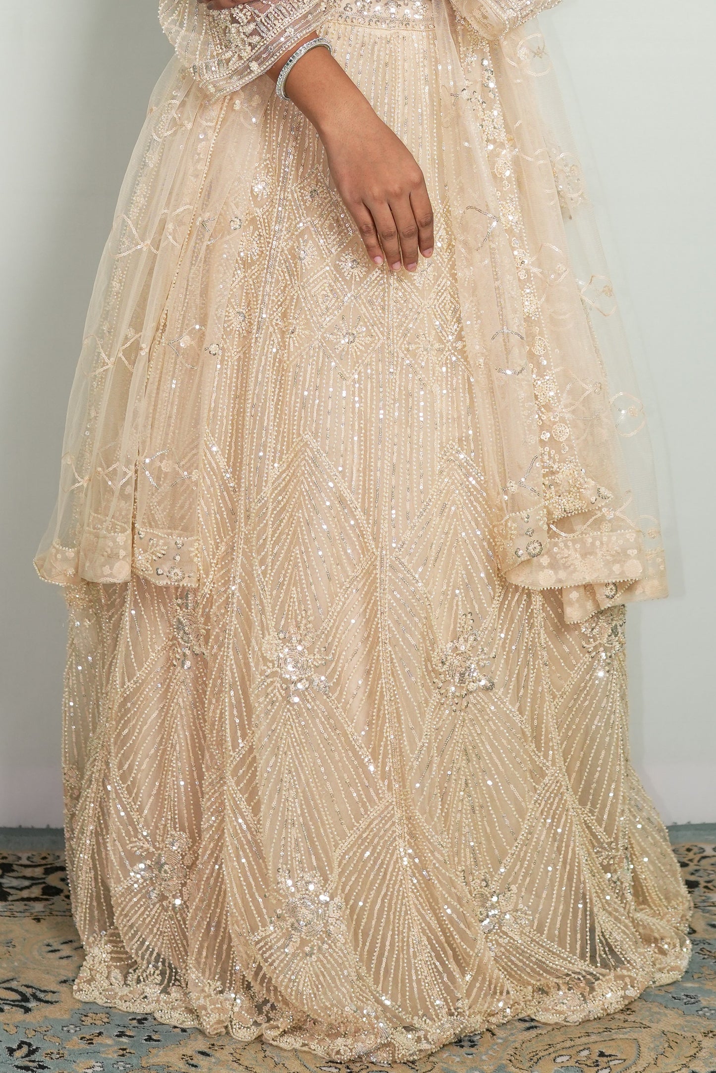 Ivory Geometric Sequin Lehenga Set