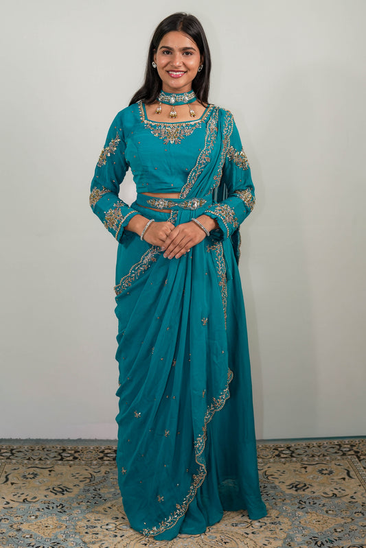 Teal Zari Saree Set