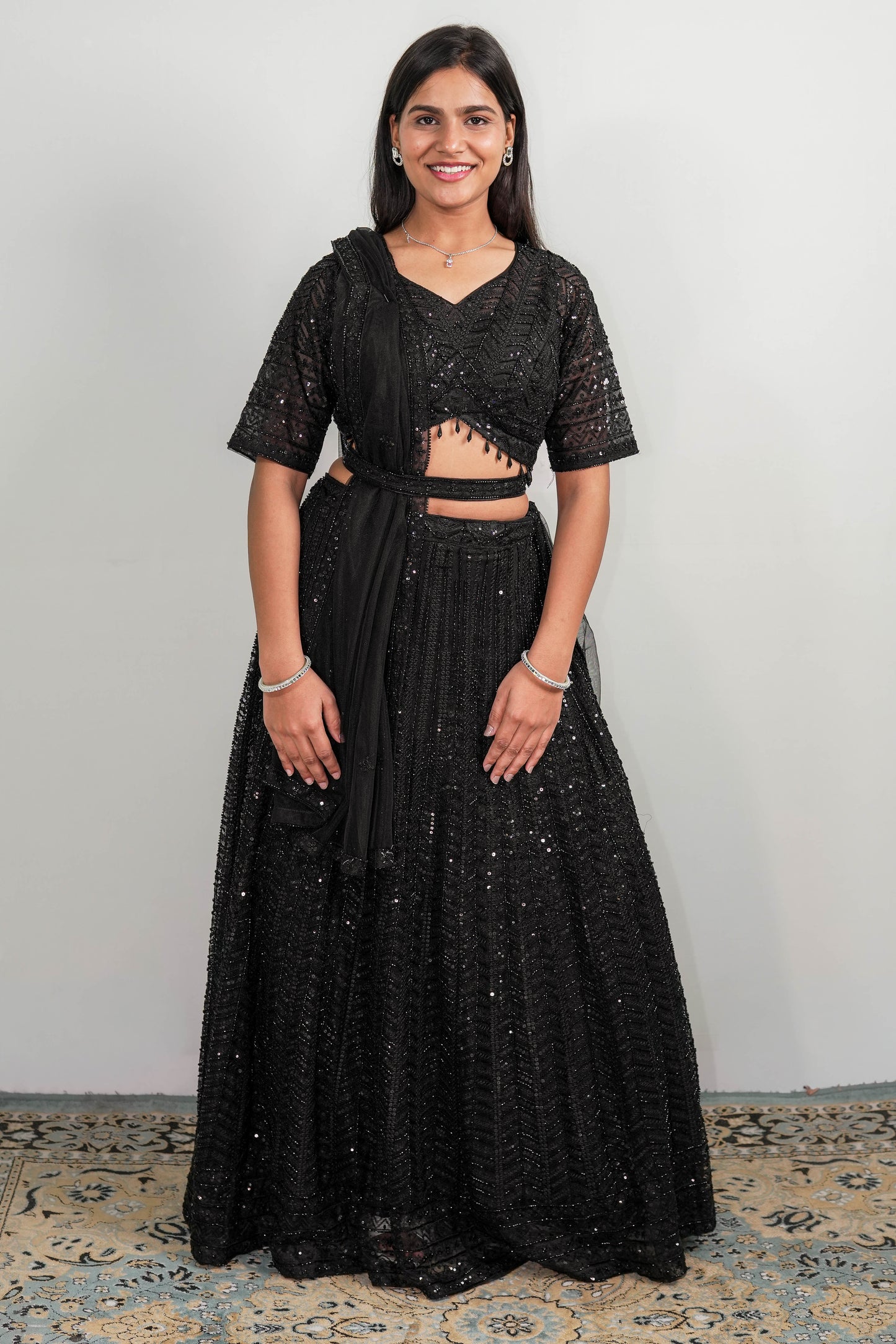 Black Chevron Sequin Lehenga Set