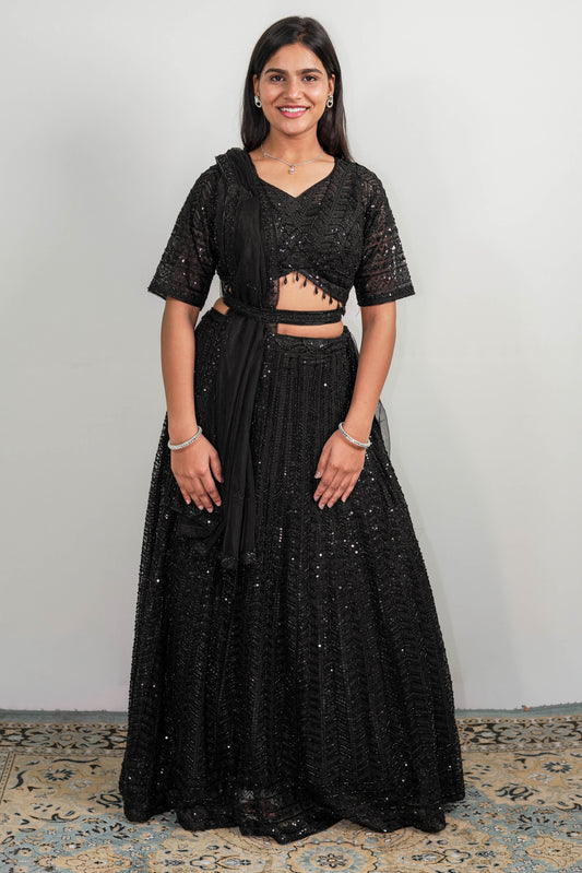 Black Chevron Sequin Lehenga Set