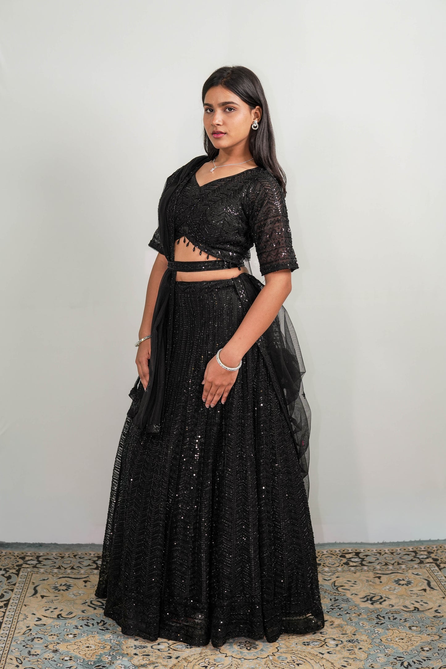 Black Chevron Sequin Lehenga Set