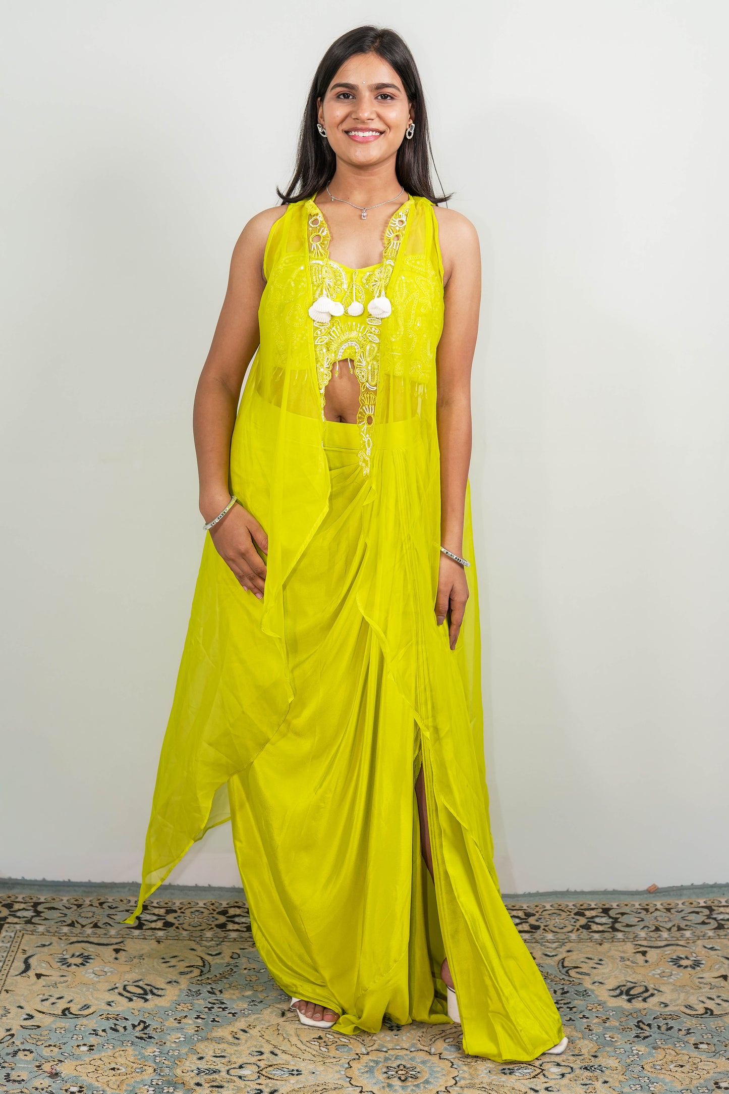Lime Embroidered Saree Set