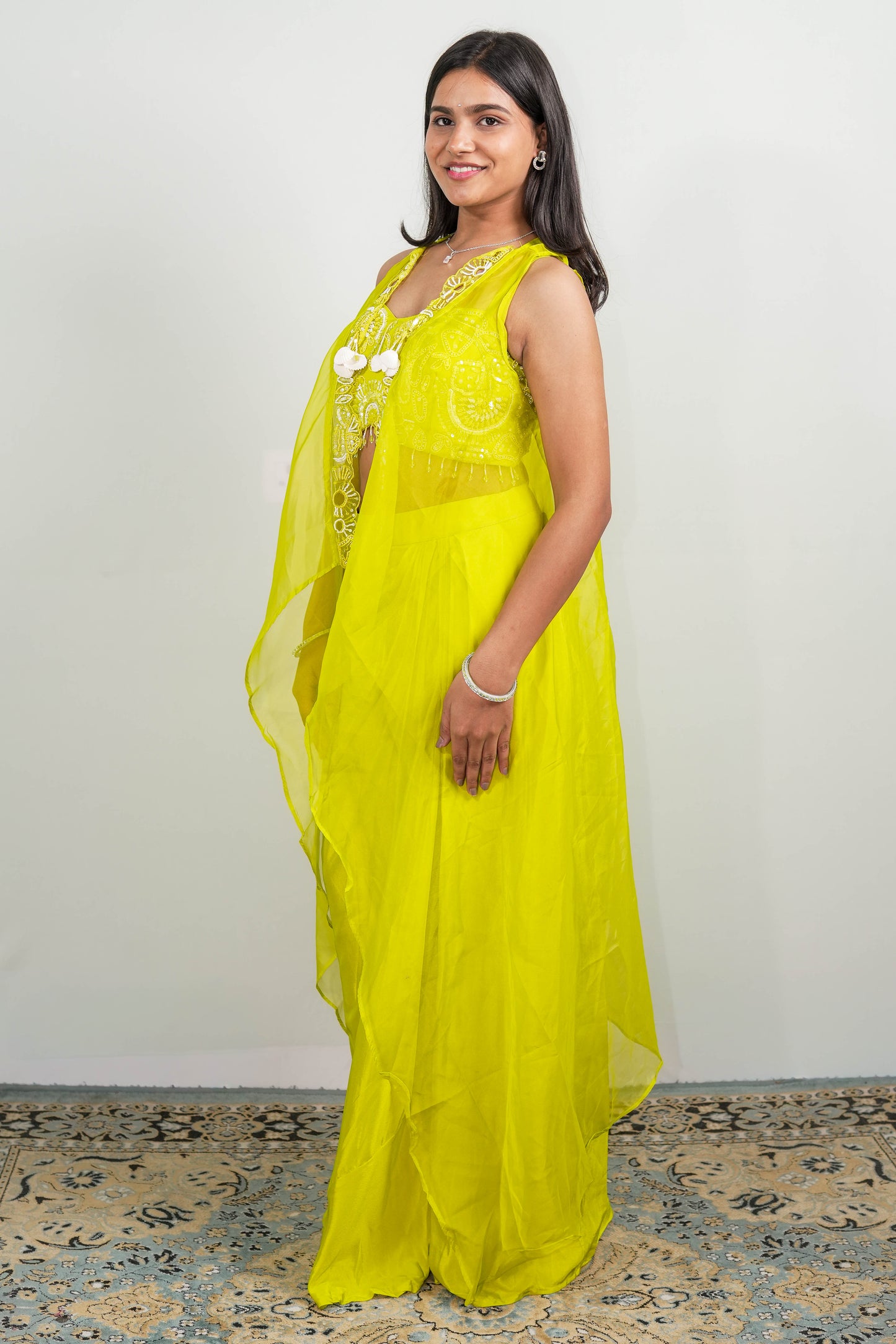 Lime Embroidered Saree Set