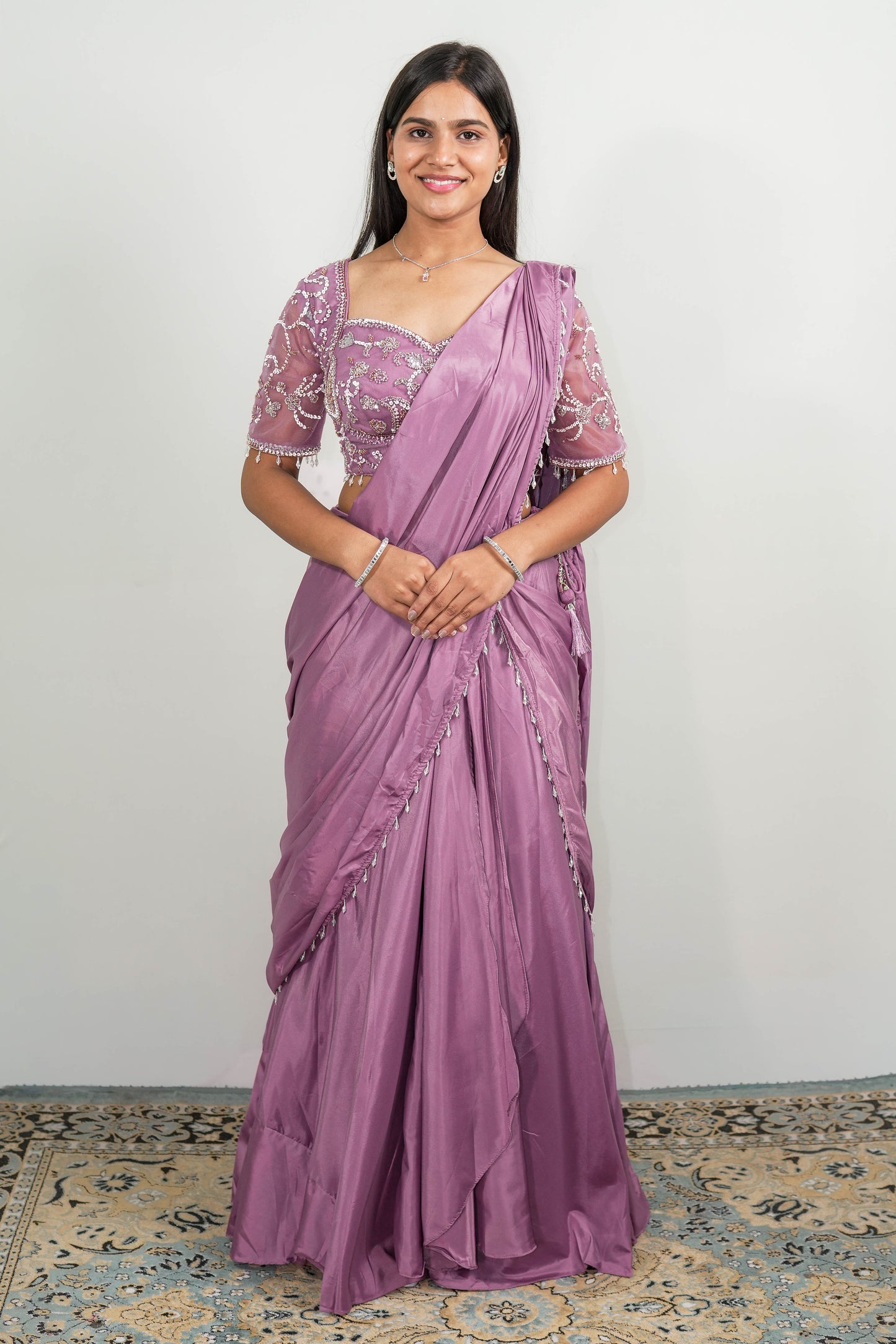 Floral Embroidered Pre-Draped Saree