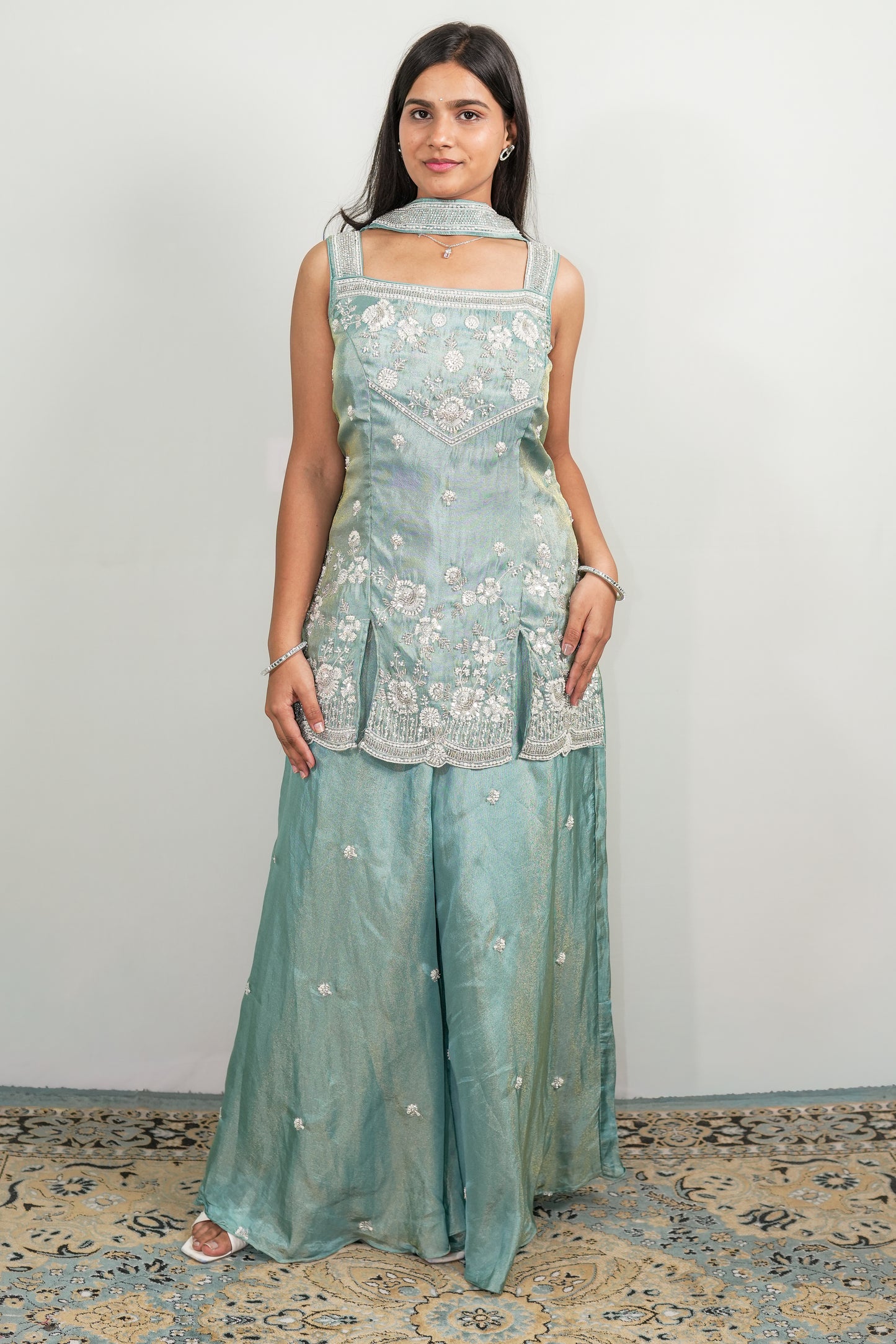 Seafoam Floral Embroidered Palazzo Set