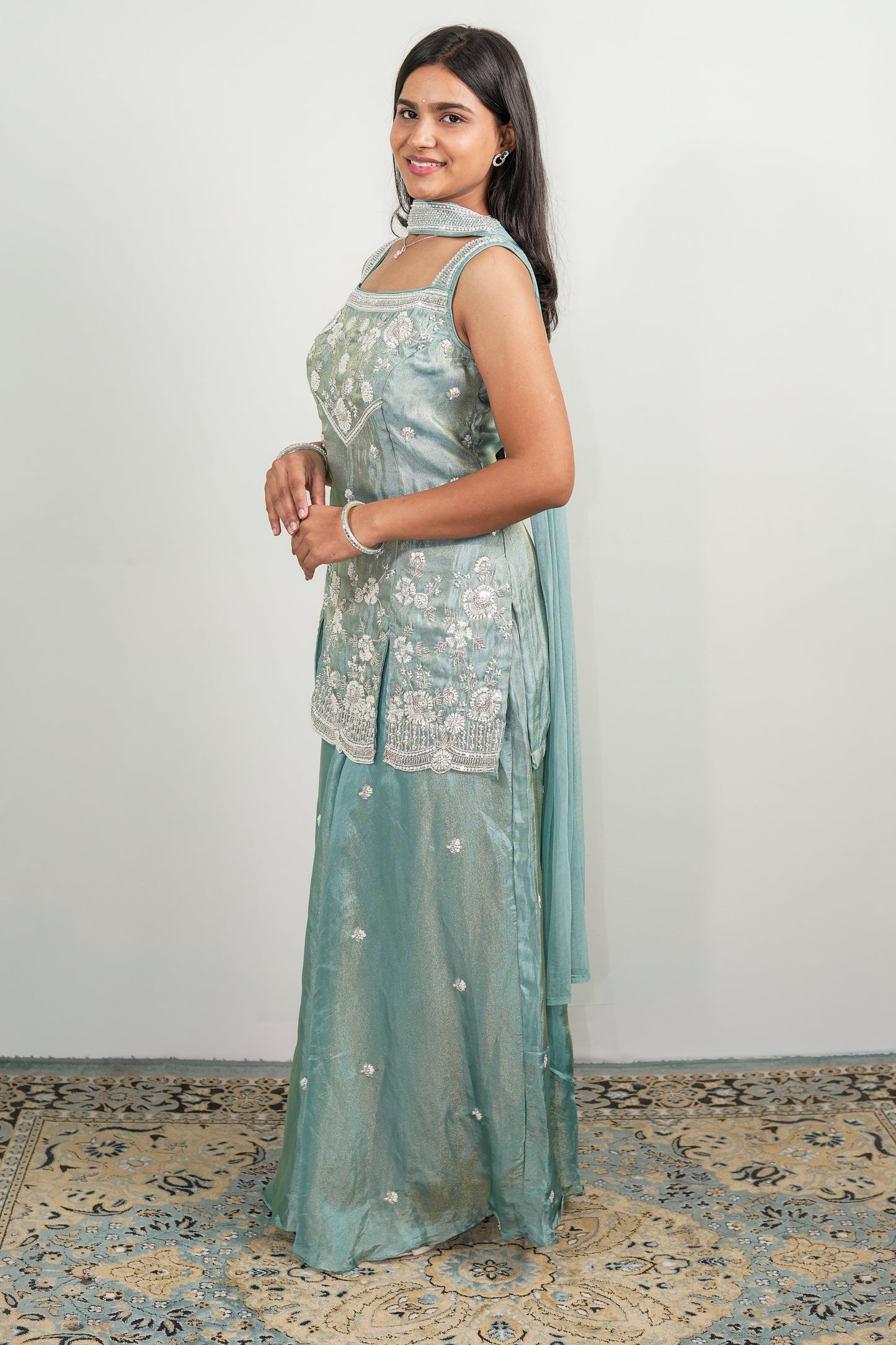 Seafoam Floral Embroidered Palazzo Set