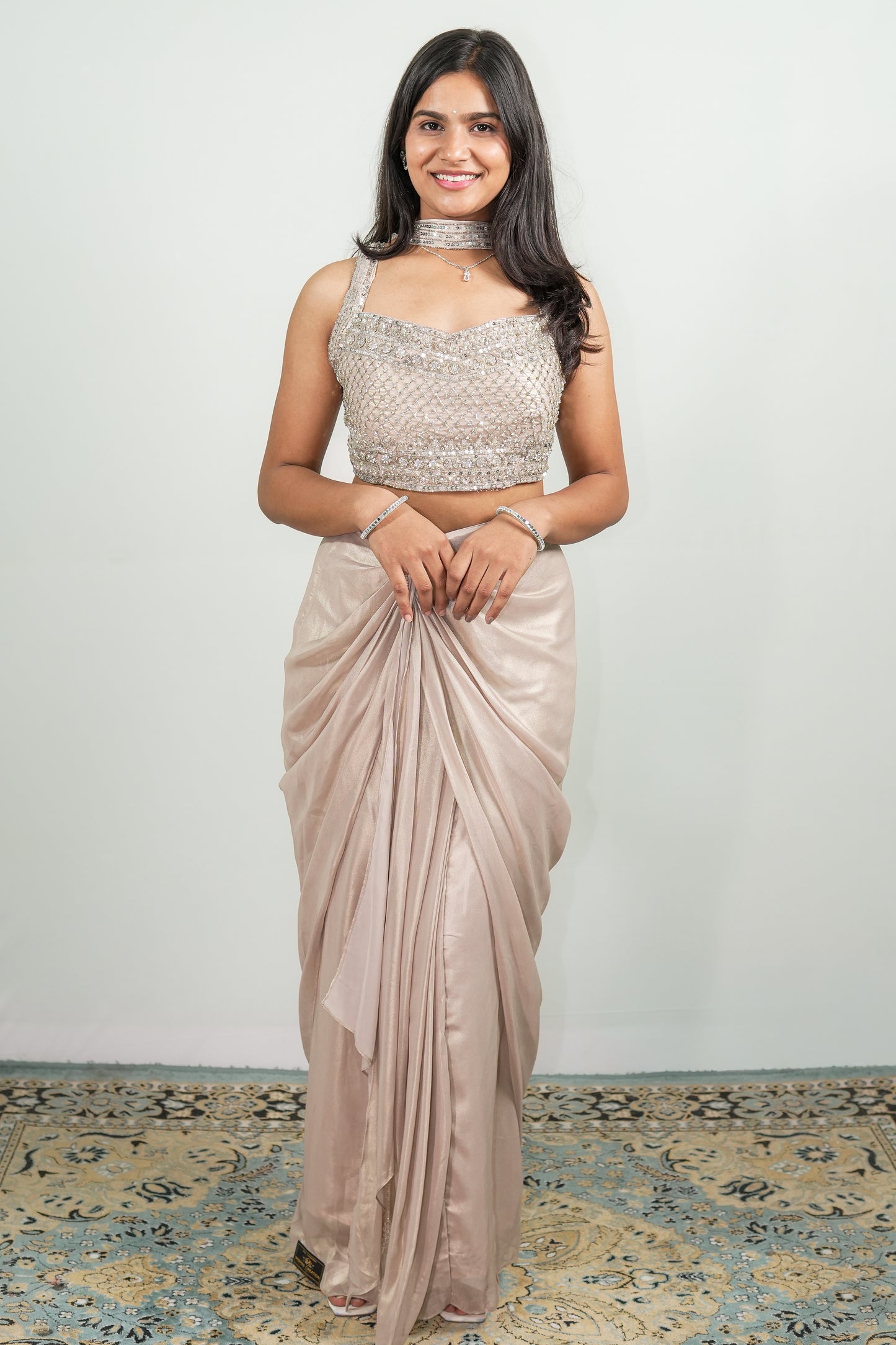 Silver Mist Pre-Draped Saree Set