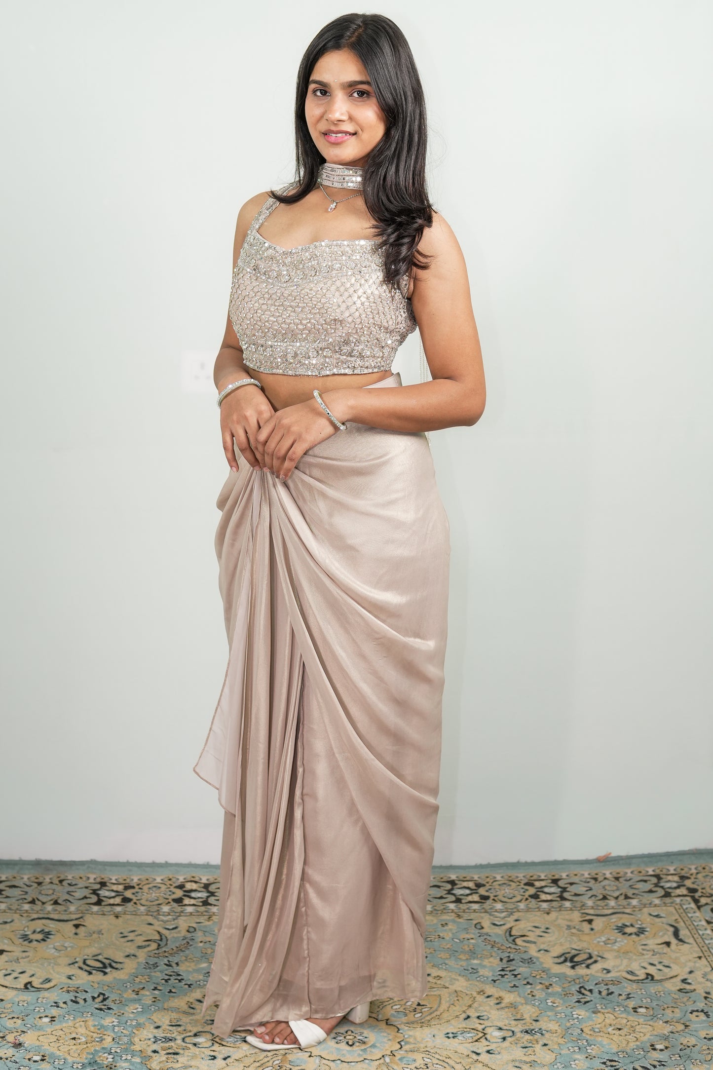 Silver Mist Pre-Draped Saree Set