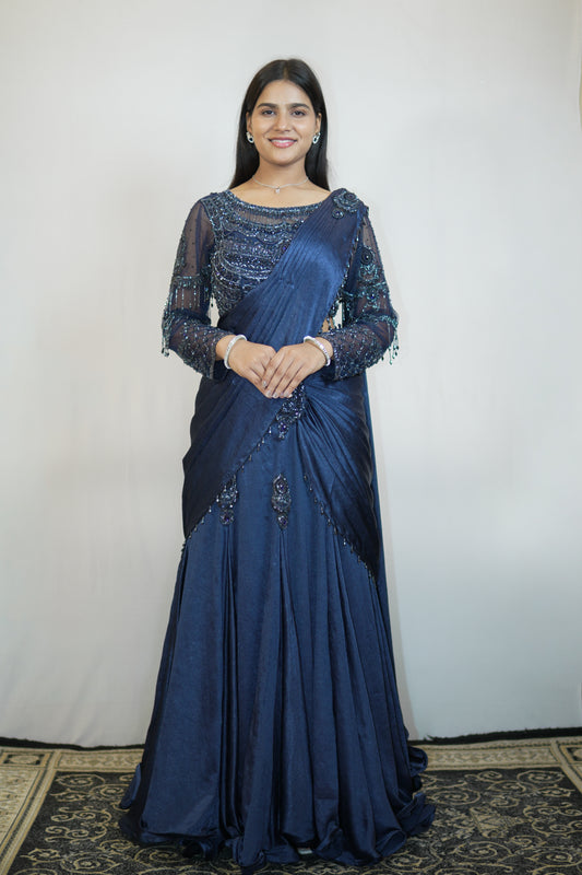 Midnight Blue Embellished Draped Saree Gown