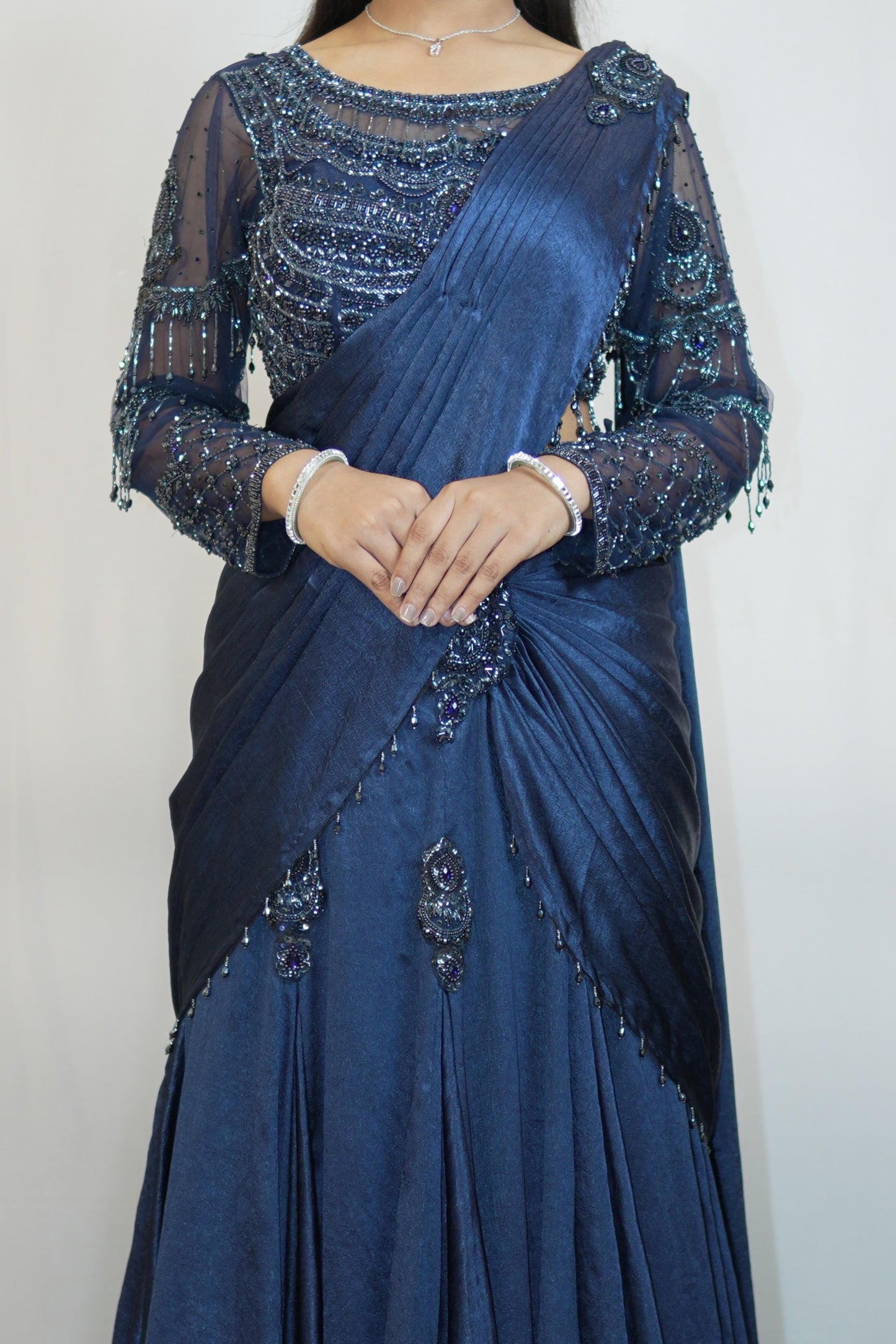 Midnight Blue Embellished Draped Saree Gown