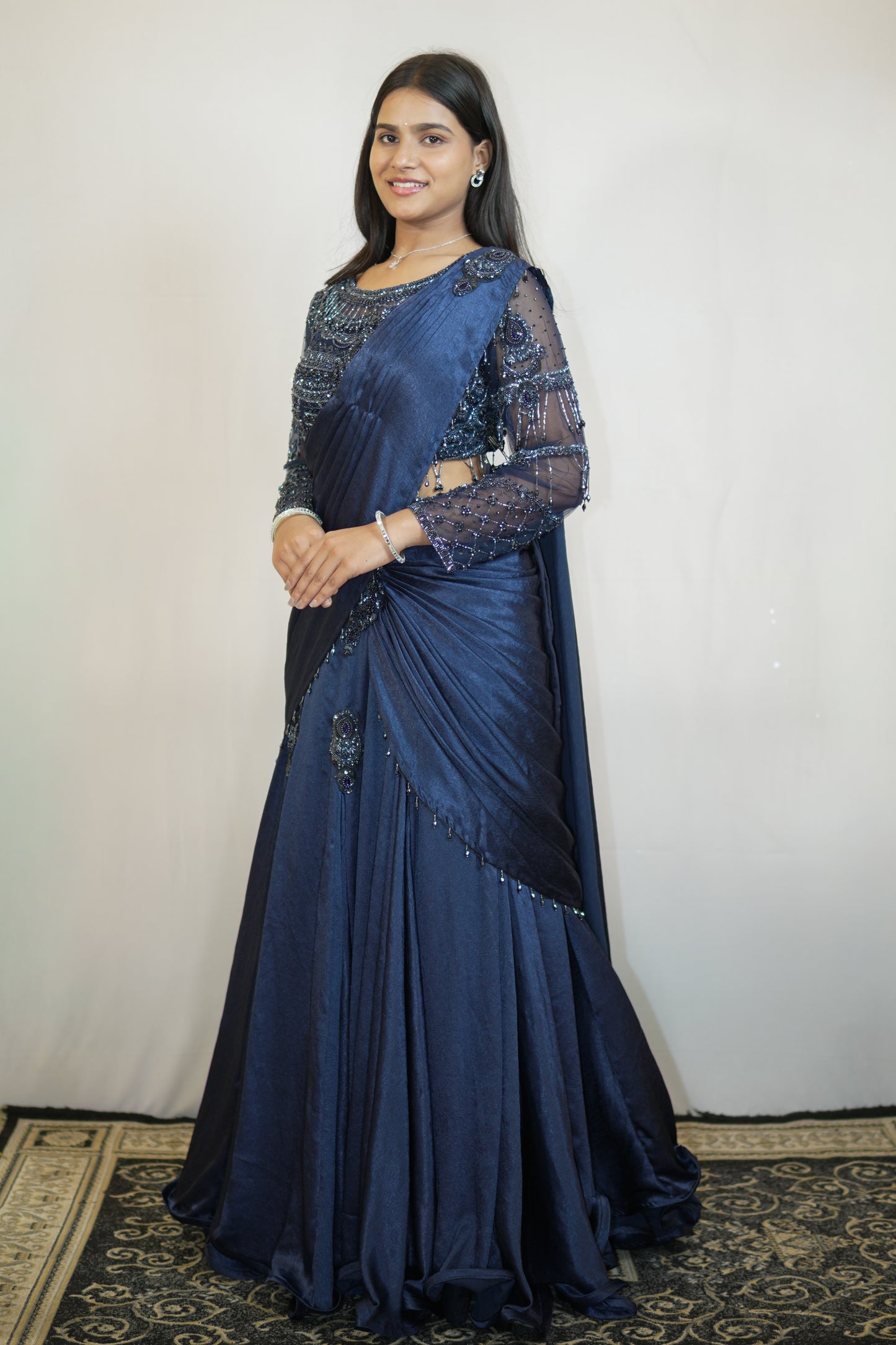 Midnight Blue Embellished Draped Saree Gown