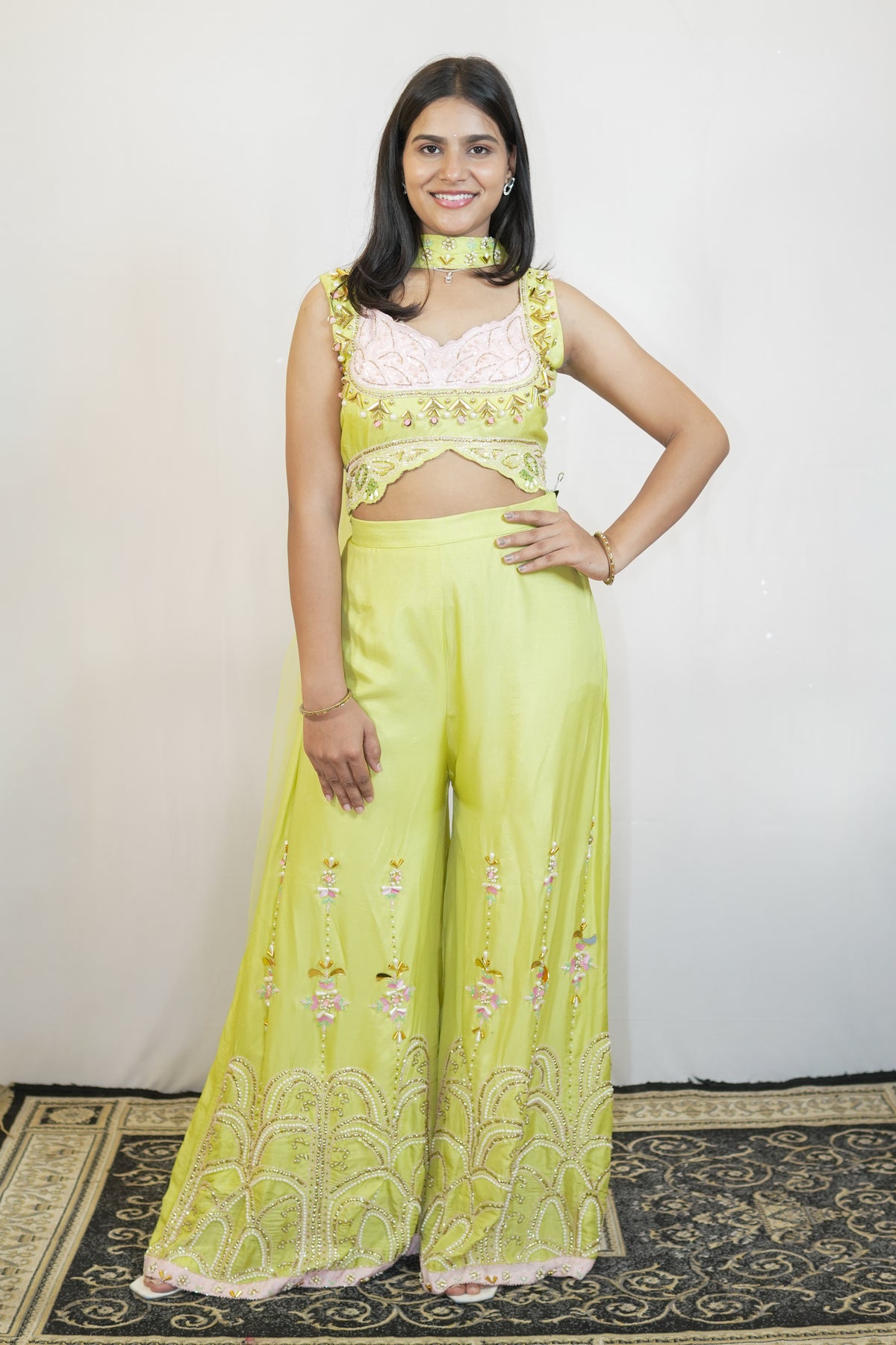 Lime Bloom Embroidered Palazzo Set