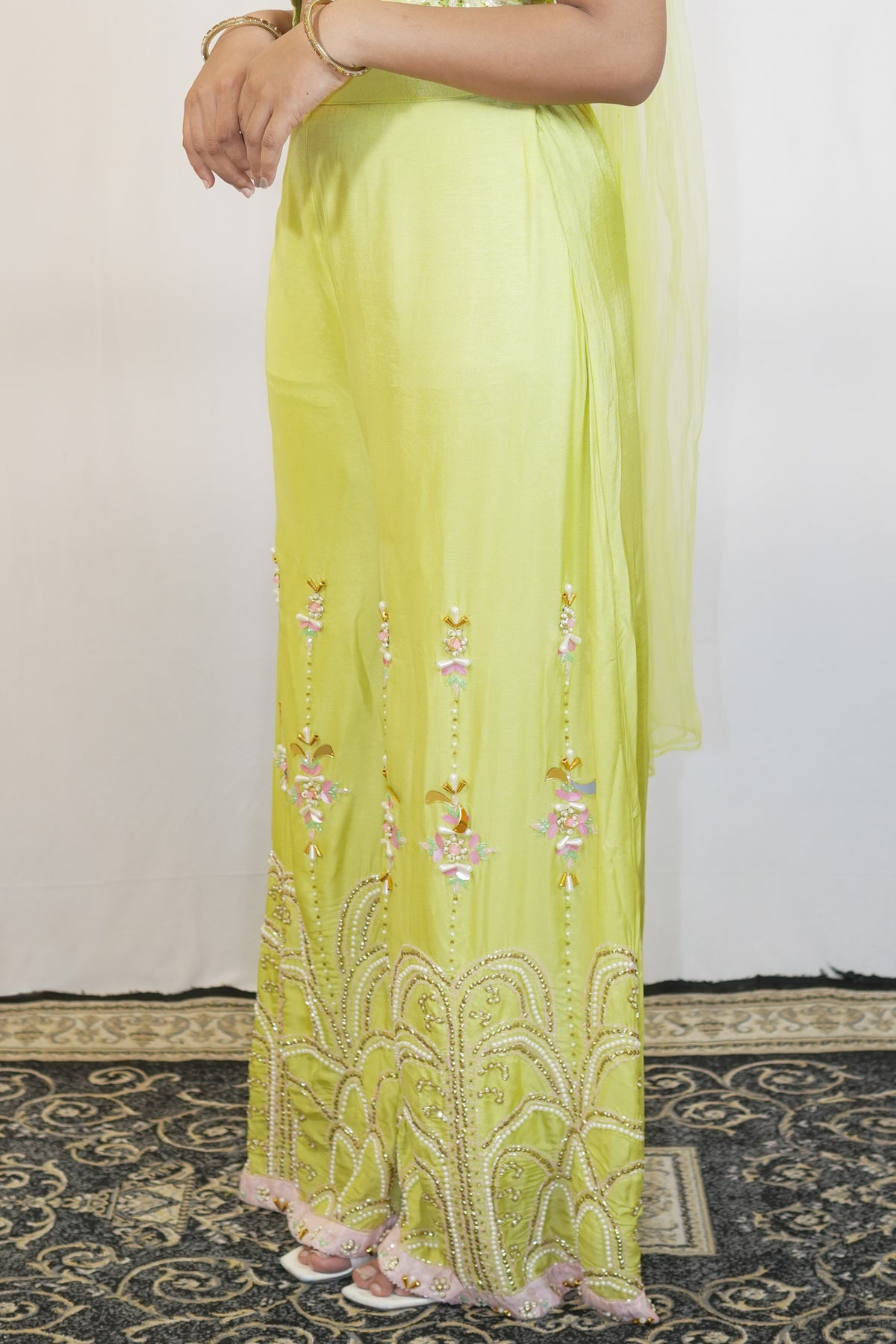 Lime Bloom Embroidered Palazzo Set