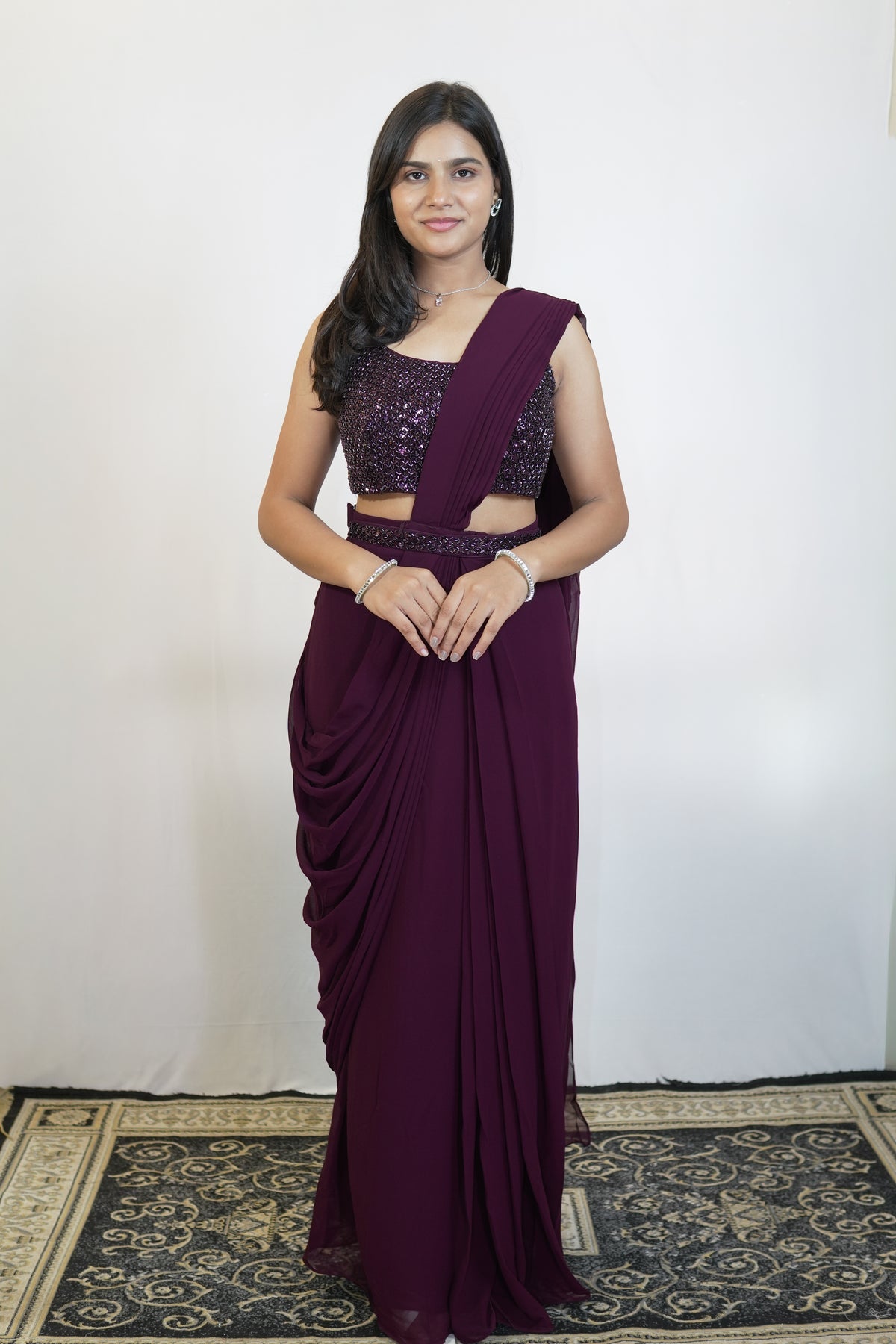 Plum Noir Pre-Draped Saree