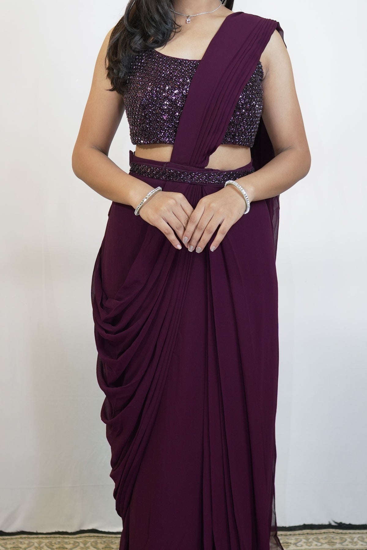Plum Noir Pre-Draped Saree