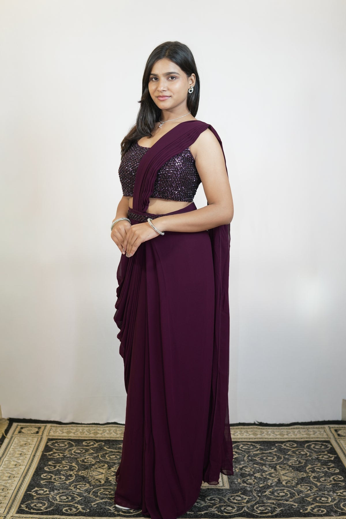 Plum Noir Pre-Draped Saree