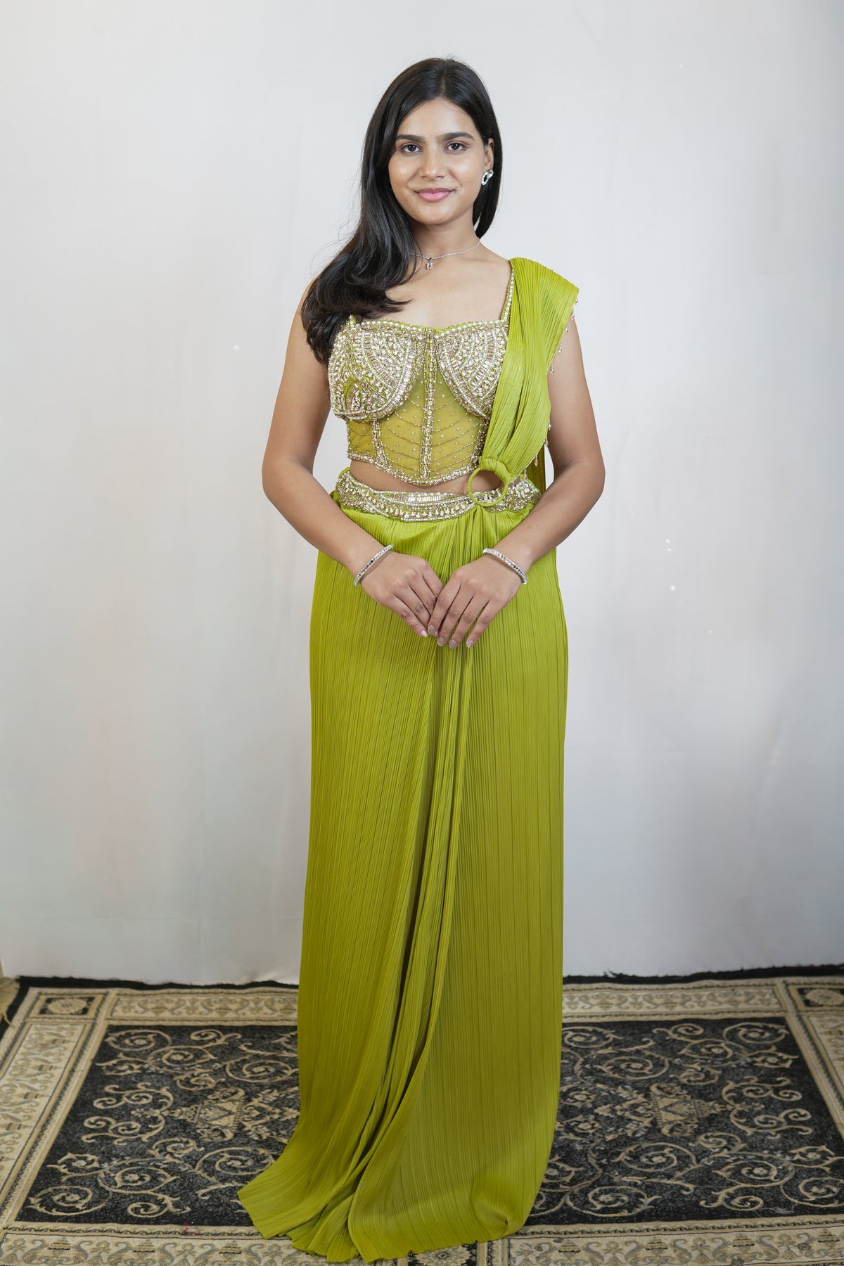 Lime Cascade Pleated Pre-Draped Saree