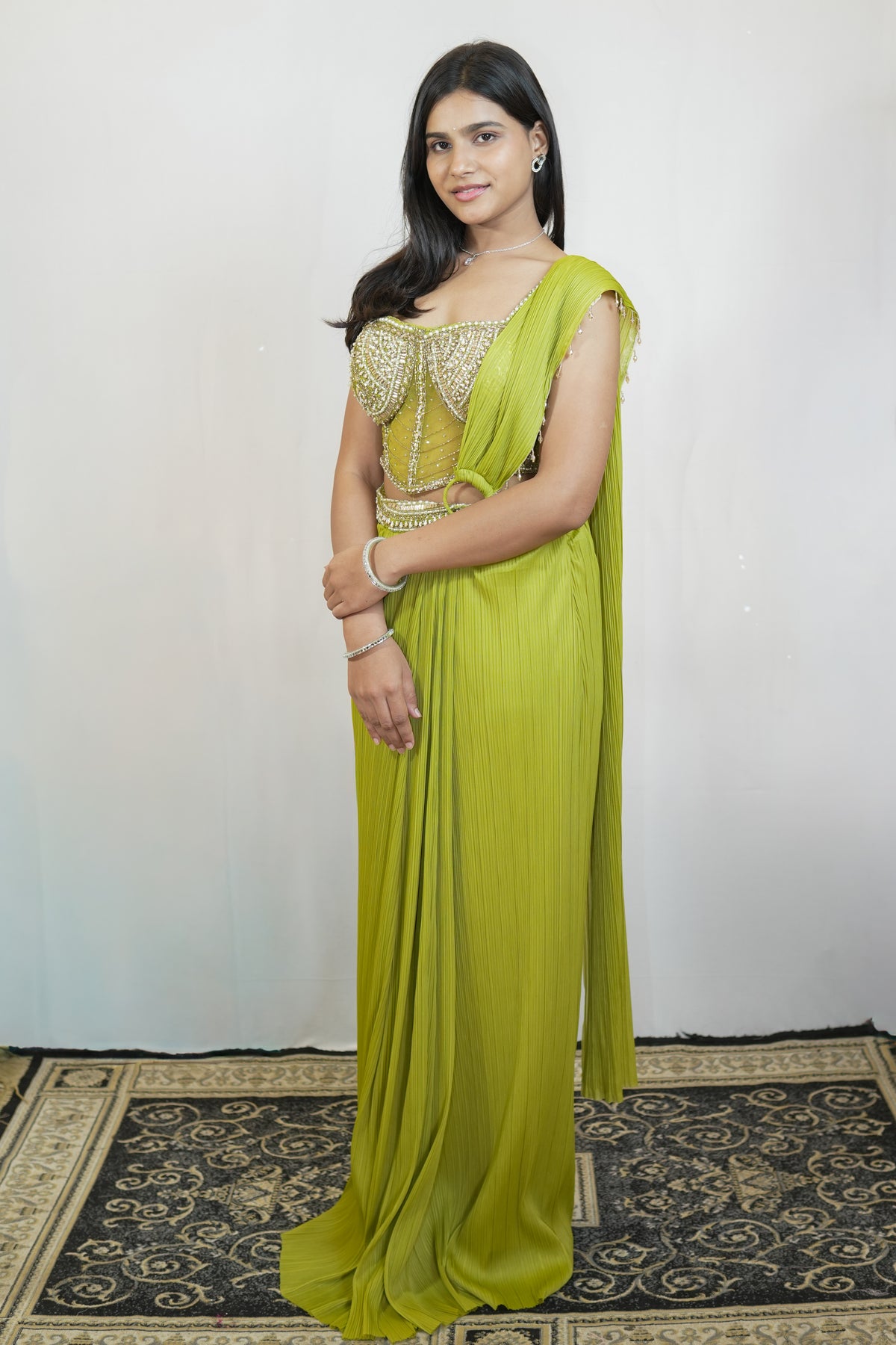 Lime Cascade Pleated Pre-Draped Saree