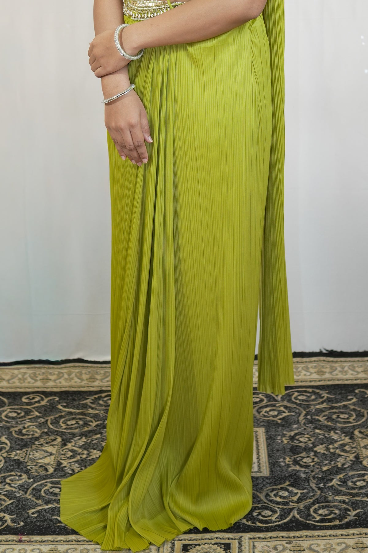 Lime Cascade Pleated Pre-Draped Saree