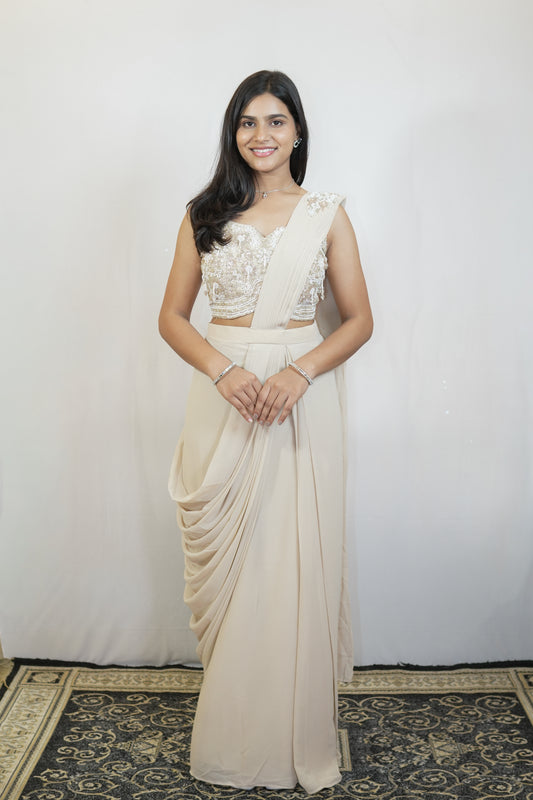 Ivory Pearl Drape Saree Set