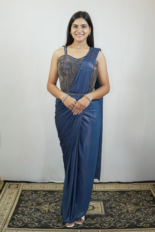 Navy Shimmer Draped Saree Set