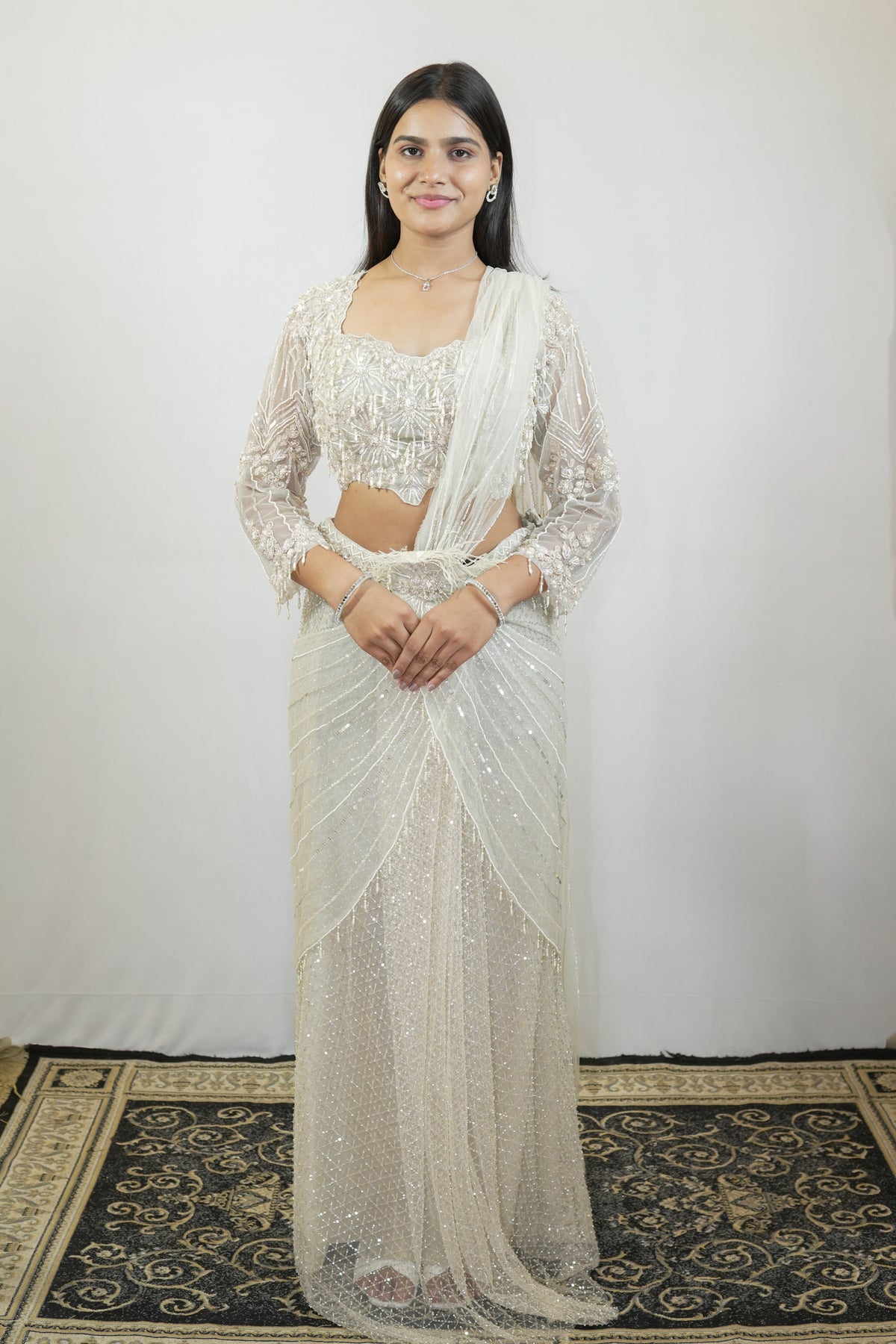 Ivory Celestine Sequin Pre-Draped Saree