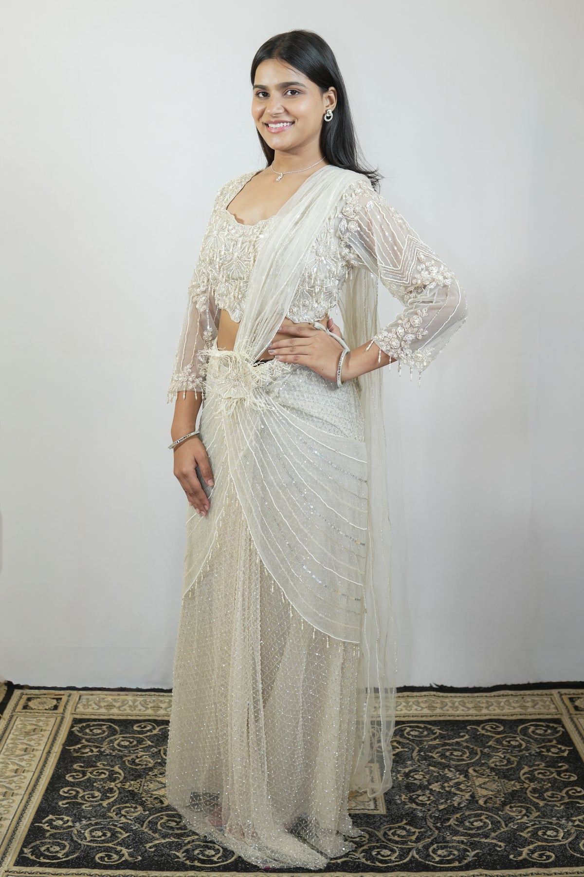 Ivory Celestine Sequin Pre-Draped Saree