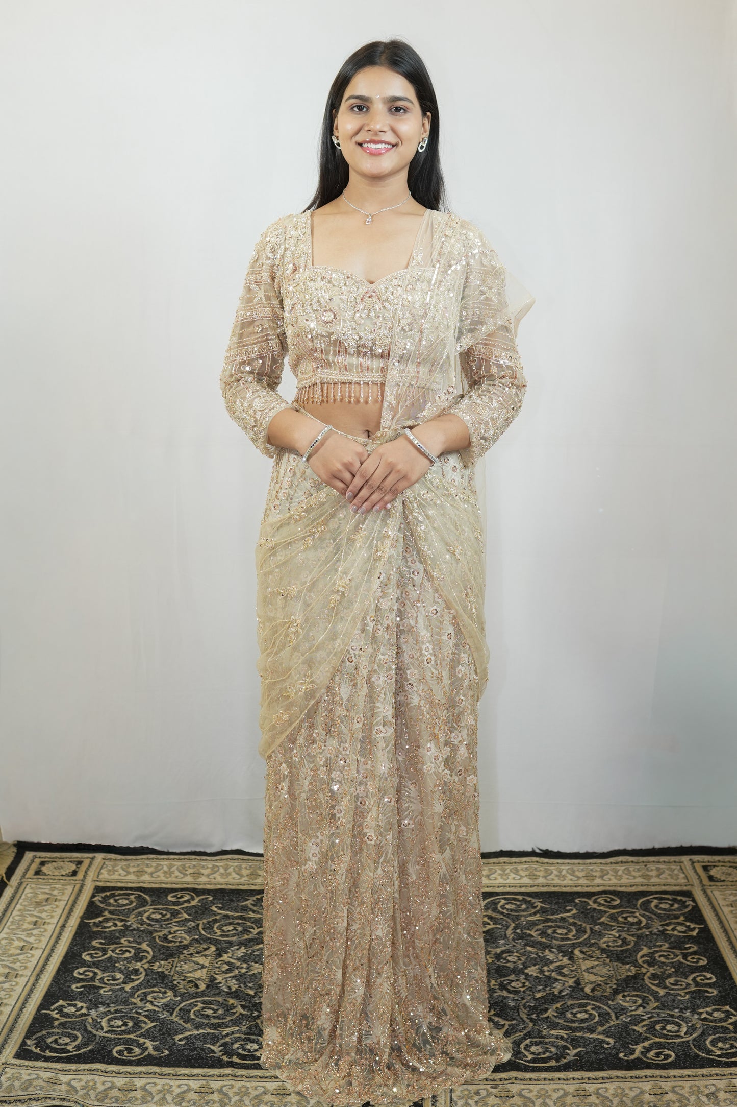 Champagne Floral Saree Set