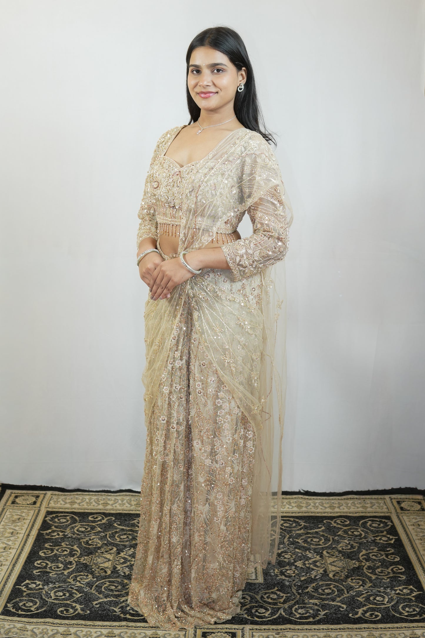 Champagne Floral Saree Set