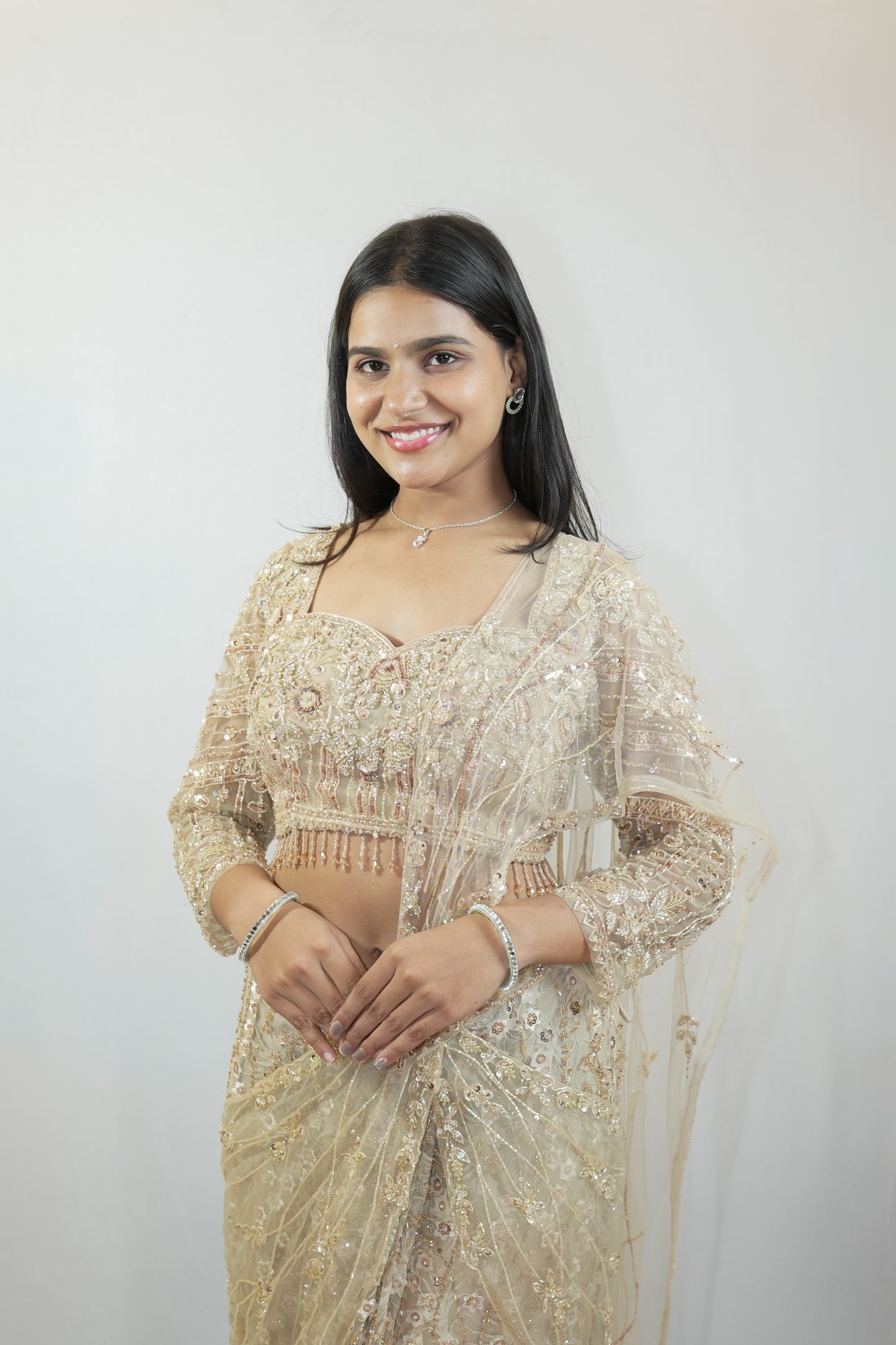 Champagne Floral Saree Set