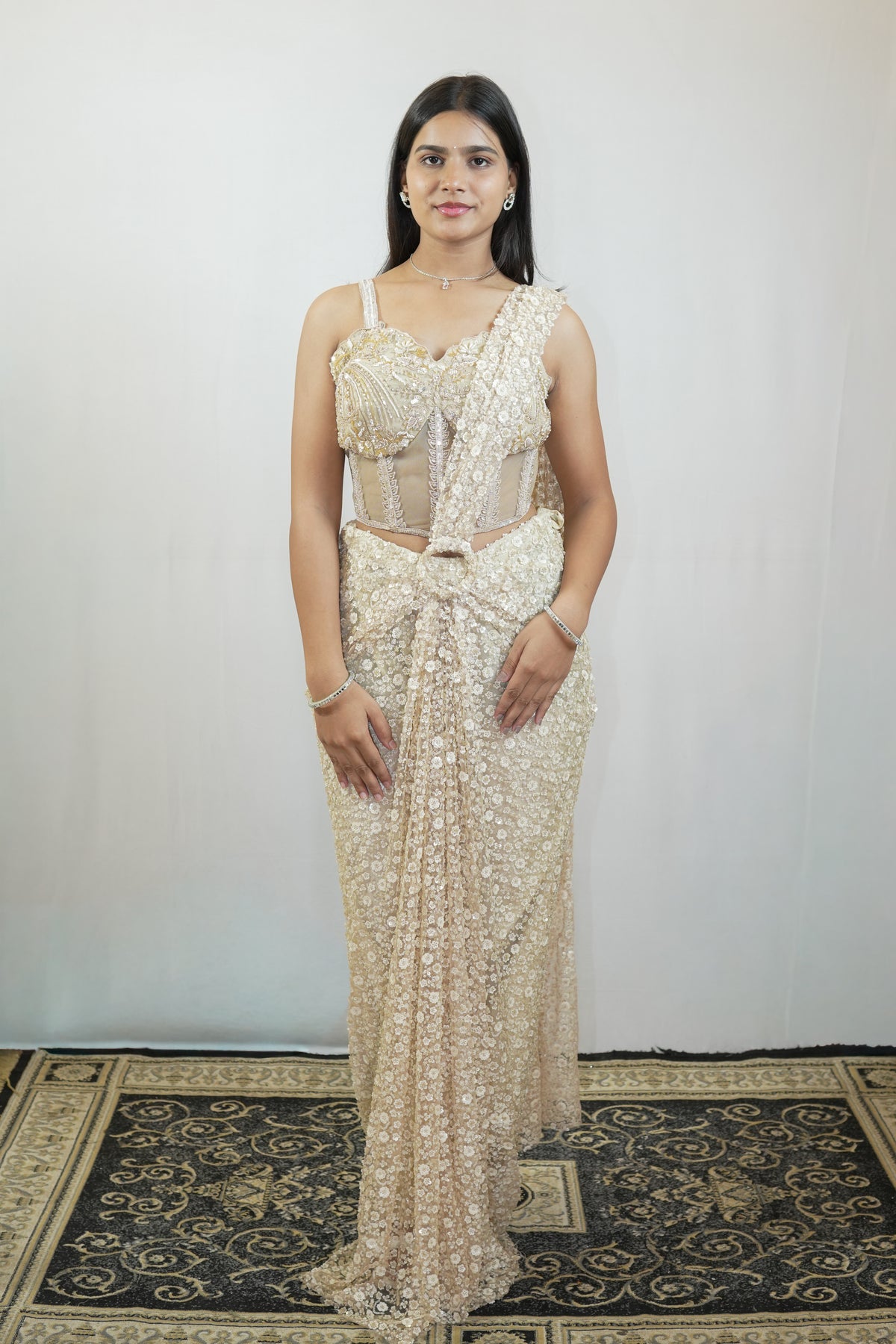 Ivory Floral Cascade Pre-Draped Saree