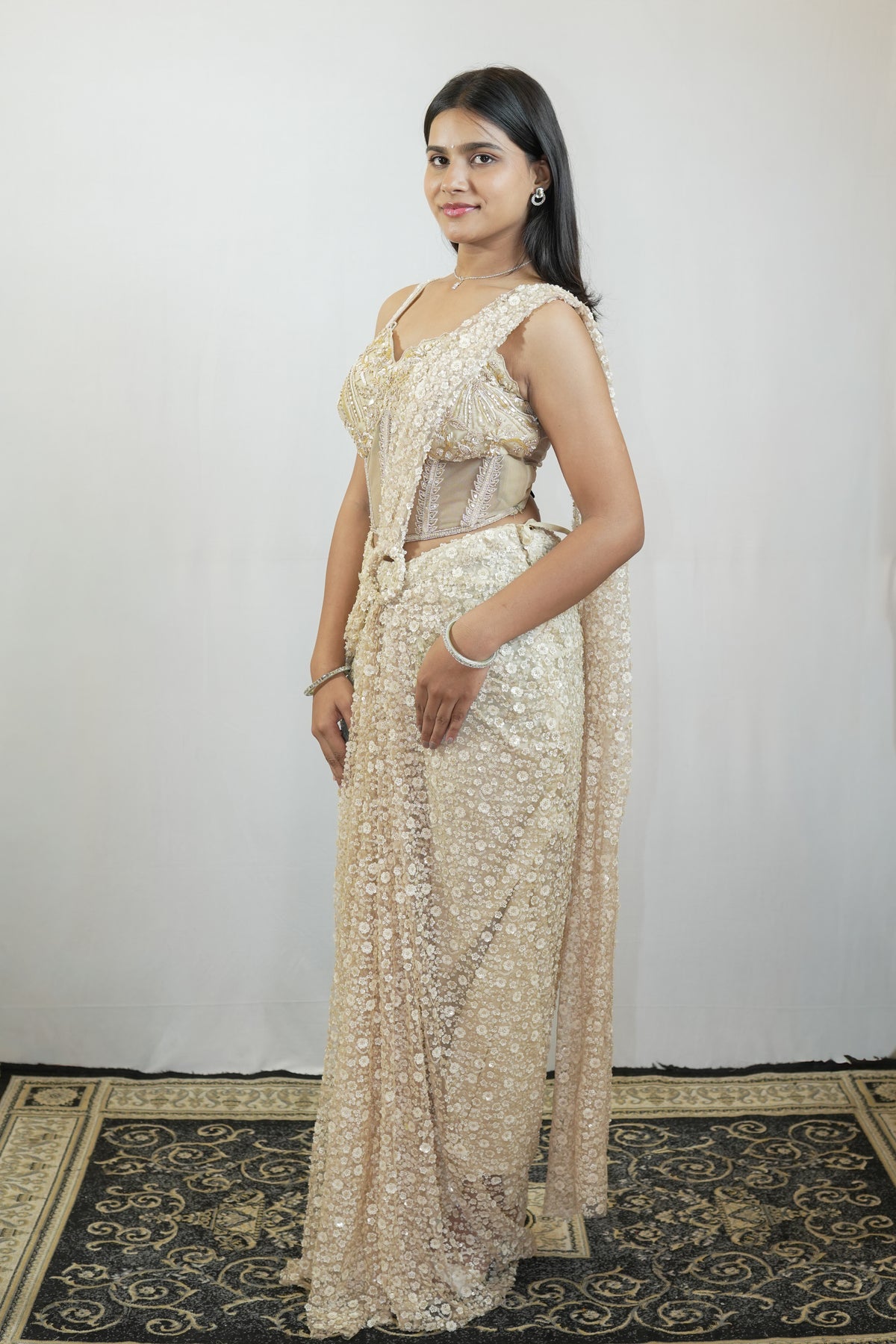 Ivory Floral Cascade Pre-Draped Saree