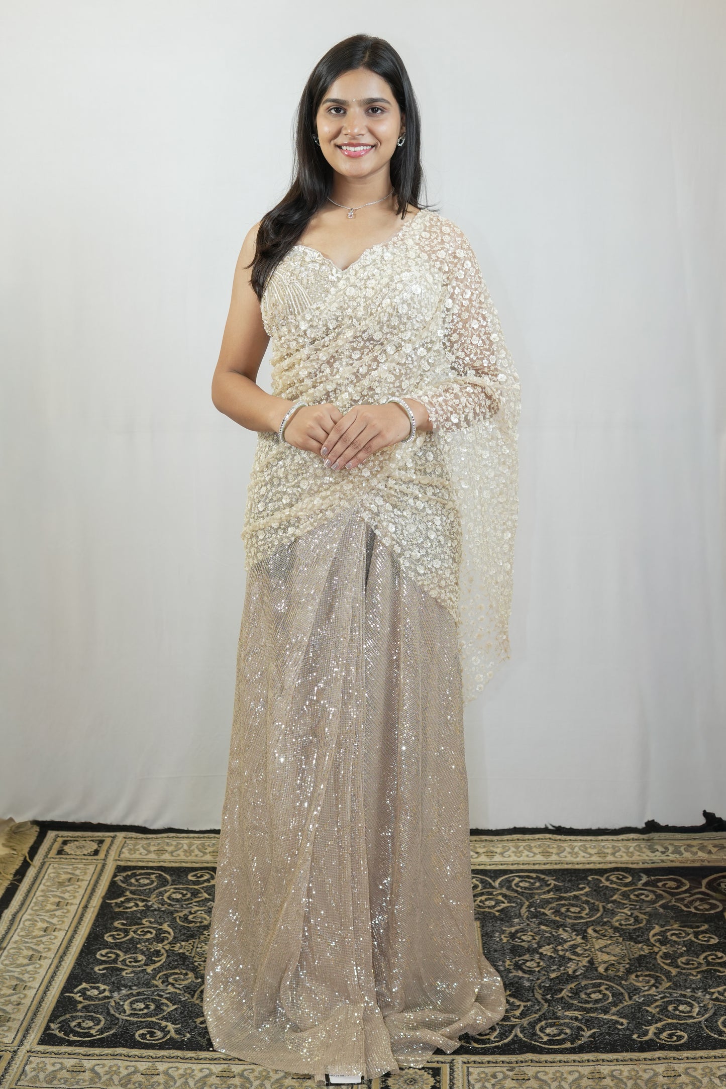 Ivory Sequin Drape Saree