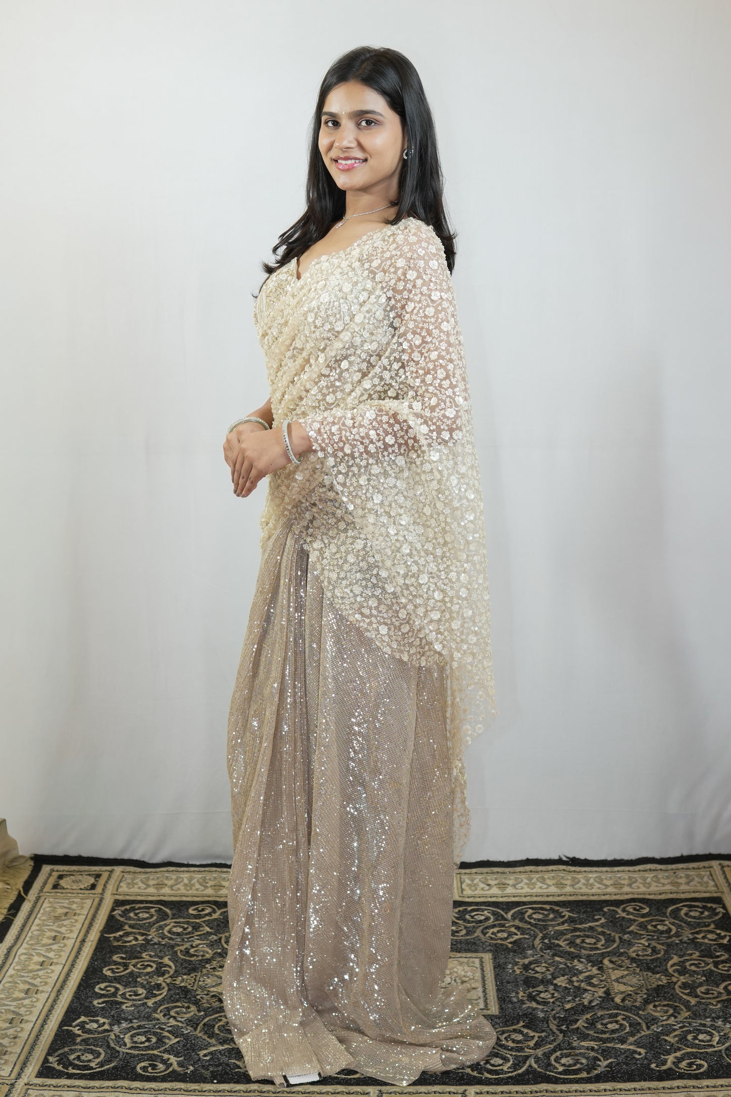Ivory Sequin Drape Saree