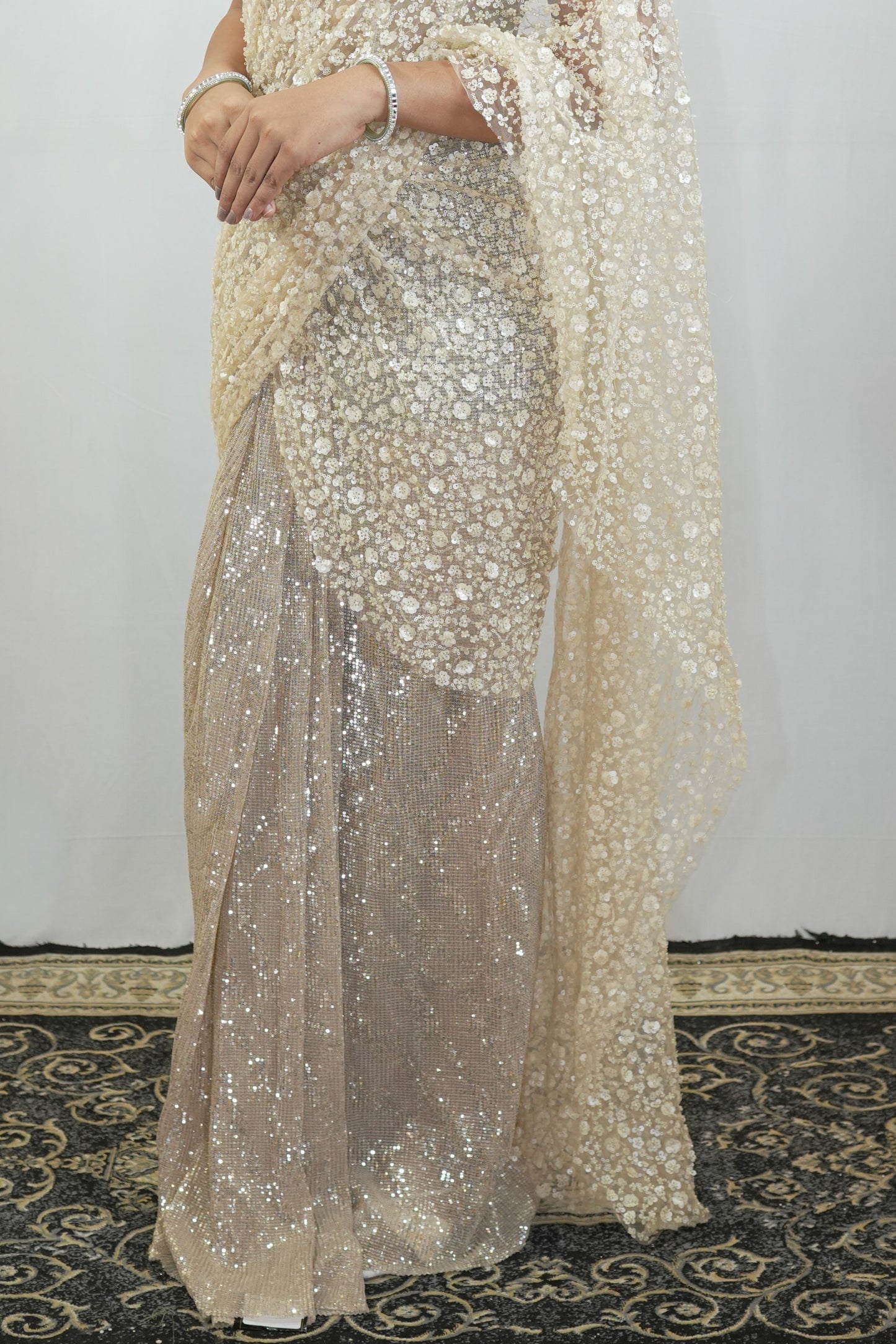 Ivory Sequin Drape Saree